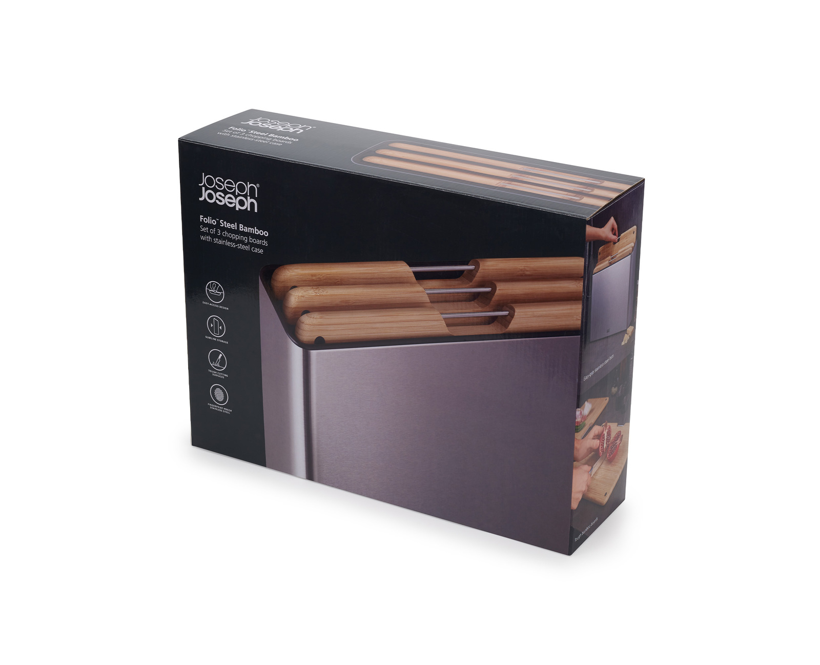Una caja para un juego de tablas de cortar de bambú. La caja es oscura y tiene el nombre del producto e imágenes del mismo.