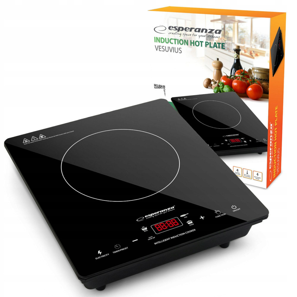 Czarna płyta indukcyjna z cyfrowym wyświetlaczem i sterowaniem. Na pudełku nazwa produktu i scena kuchenna.