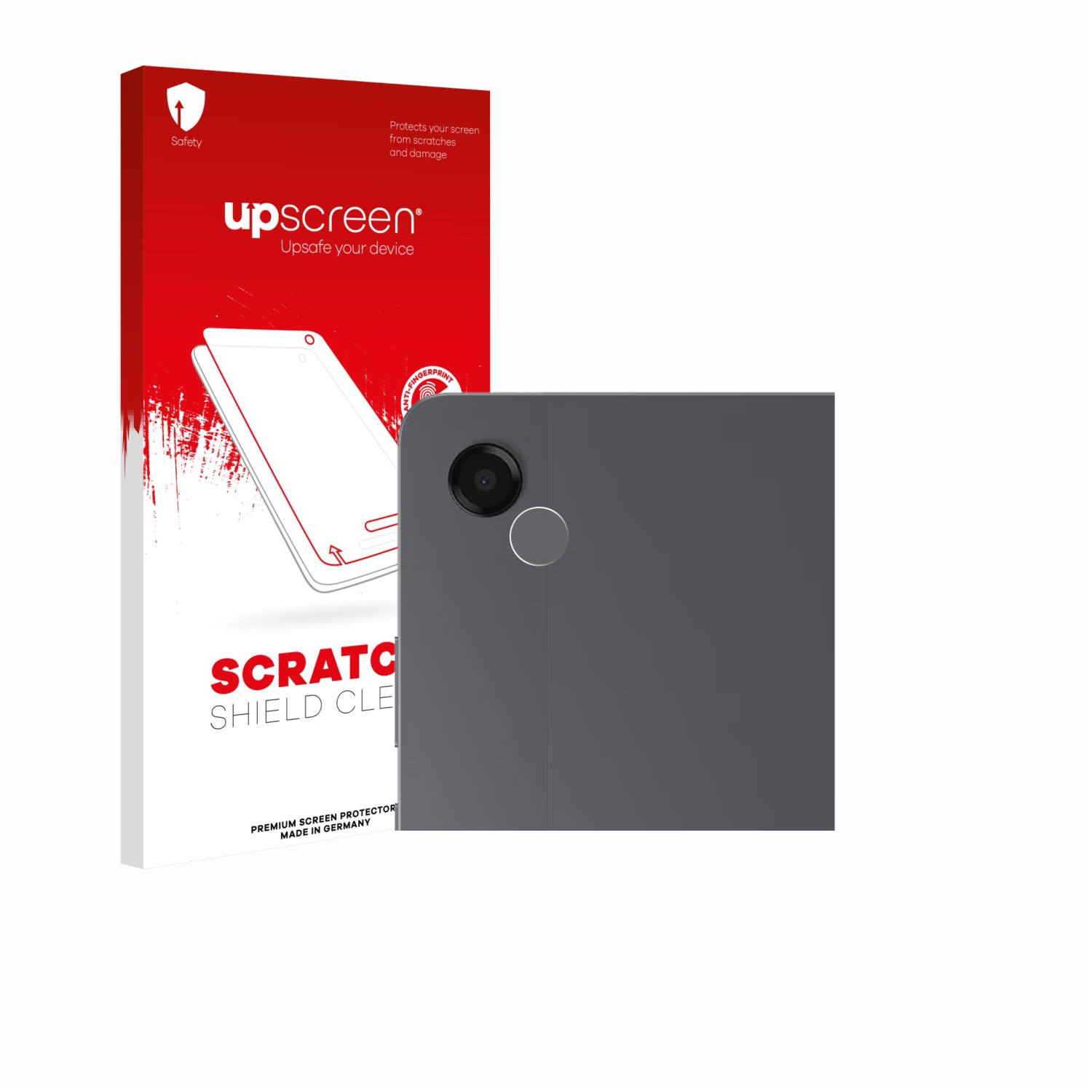 Ein Telefon und eine Displayschutzfolienbox werden gezeigt. Die Box ist rot und weiß mit dem Markennamen 'upscreen'. Das Telefon ist grau.