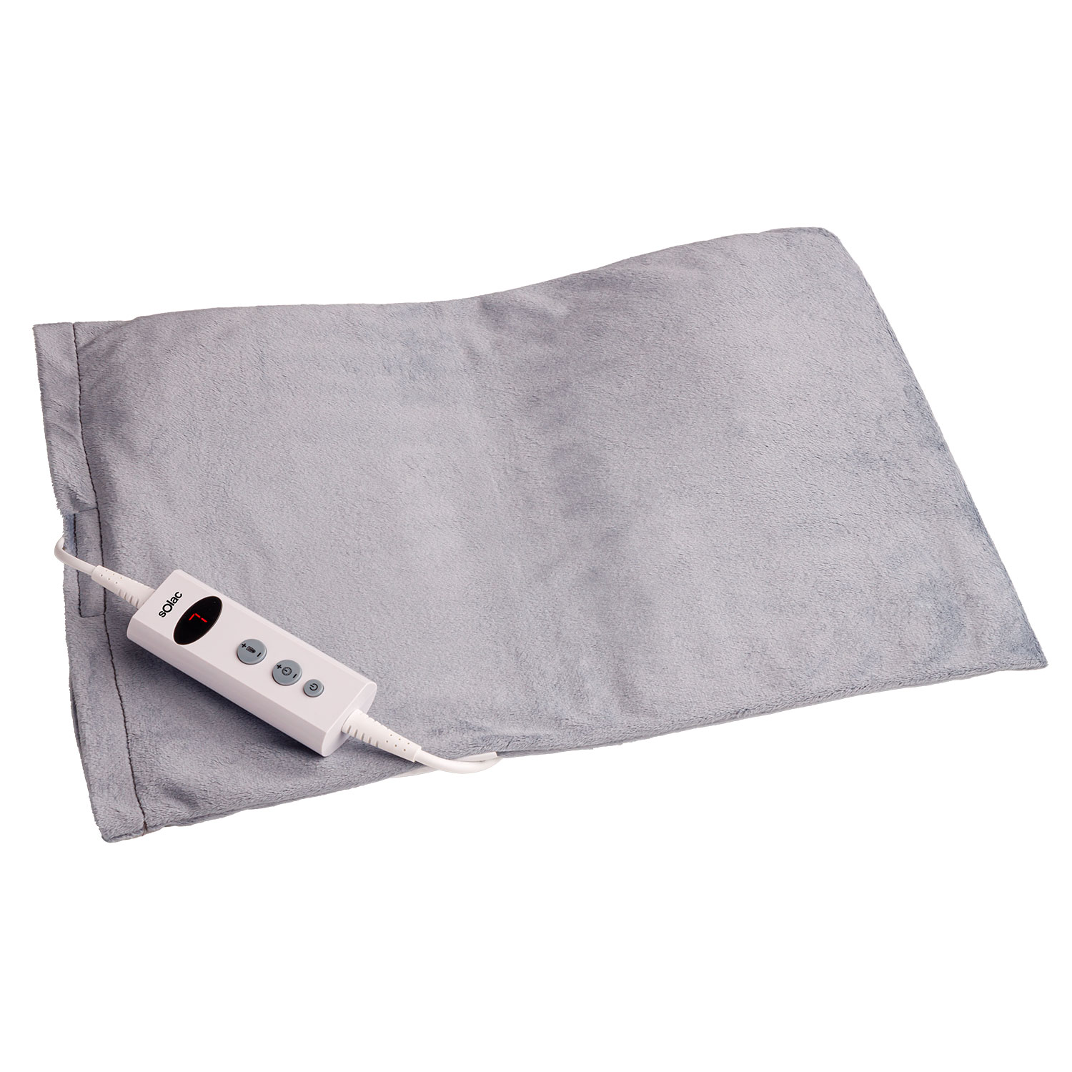 Una almohadilla térmica gris con un panel de control blanco y cable sobre un fondo blanco. La almohadilla es rectangular.