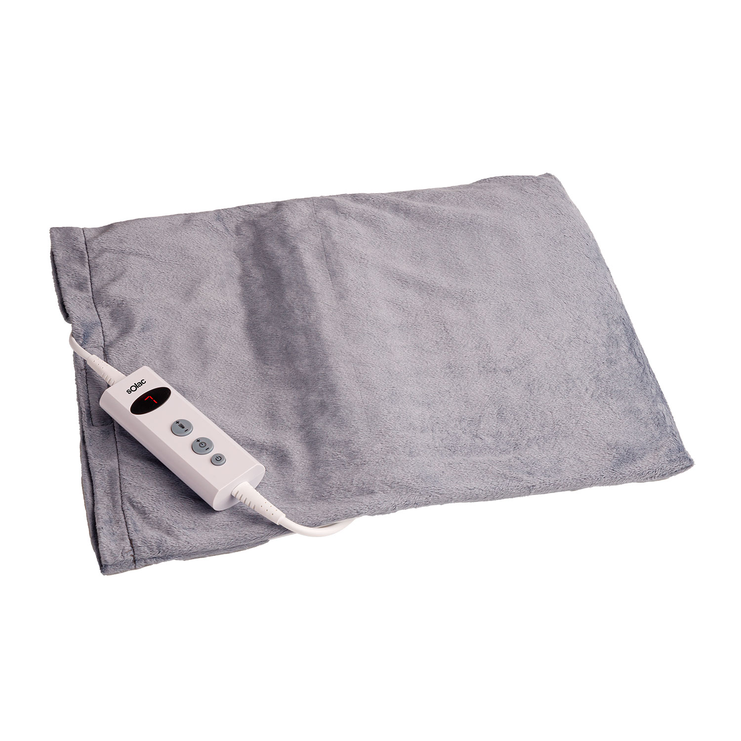 Una almohadilla térmica gris con control blanco, que muestra la energía y la configuración de temperatura. El cojín está sobre fondo blanco.