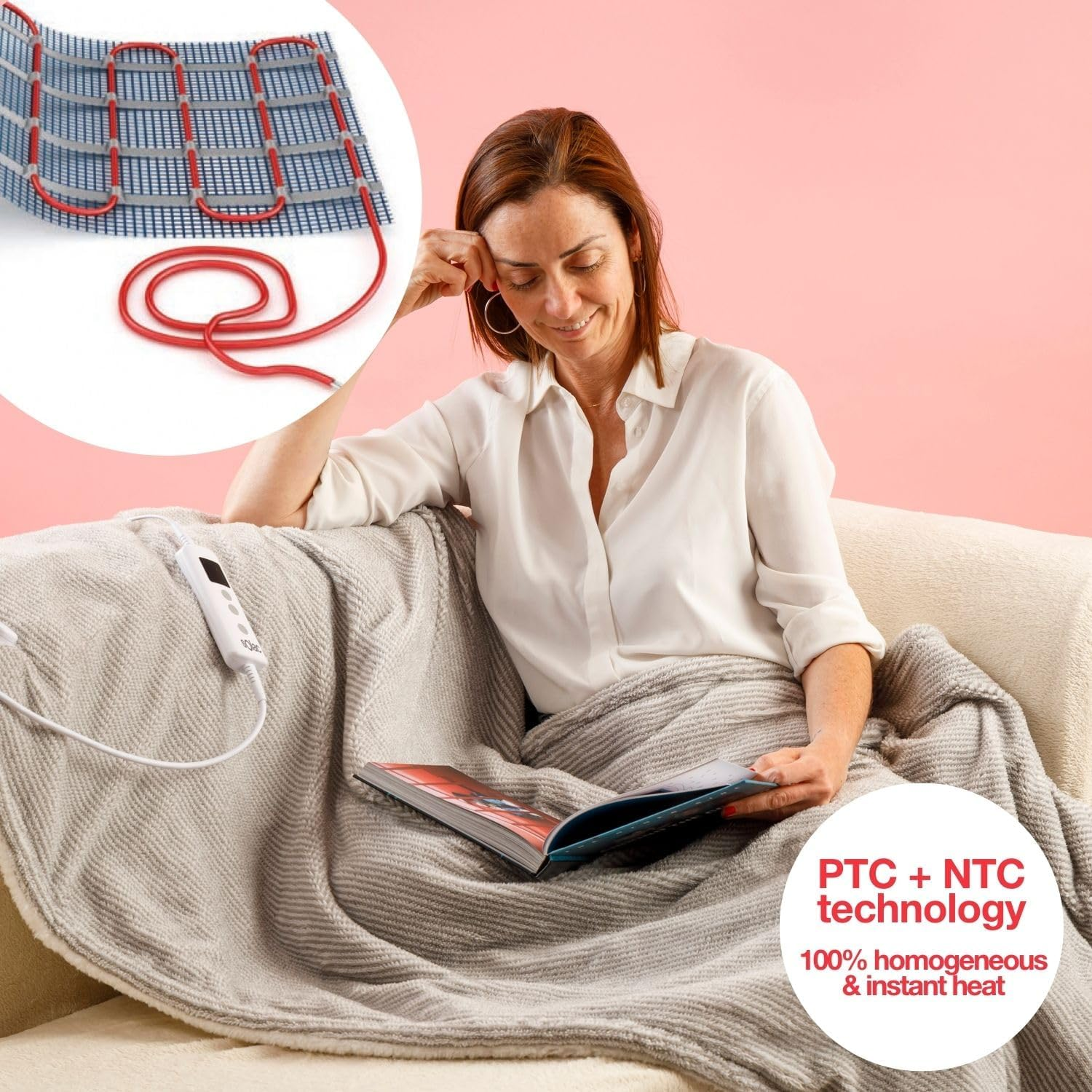 Una mujer lee bajo una manta. Se muestra la imagen de una almohadilla térmica. El texto dice: 'Tecnología PTC+NTC, 100% homogéneo y calor instantáneo'.