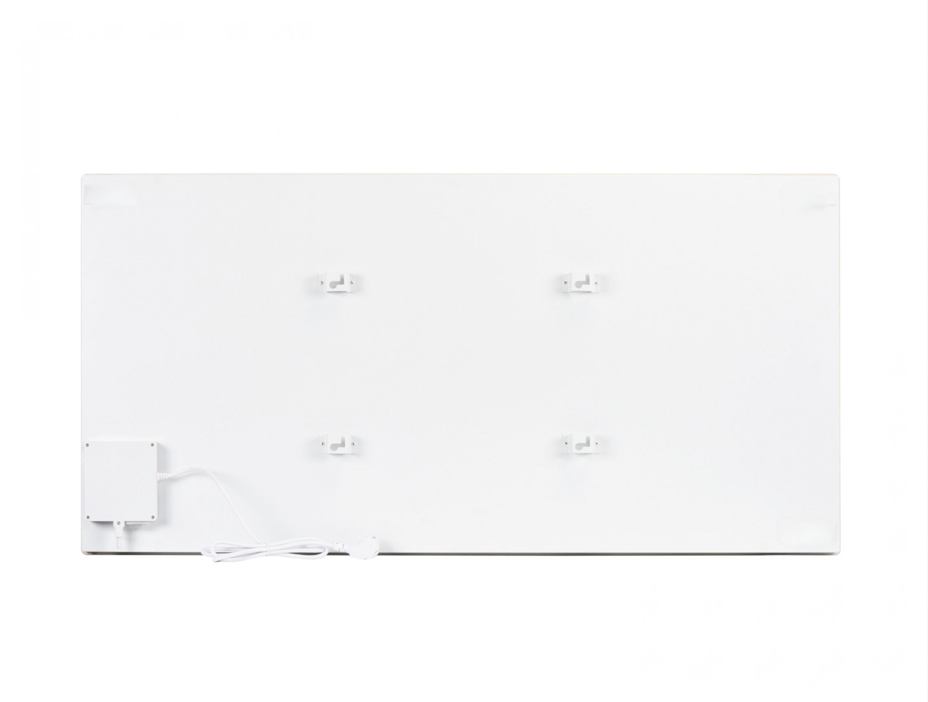 Panel rectangular blanco con soportes y fuente de alimentación sobre fondo blanco.