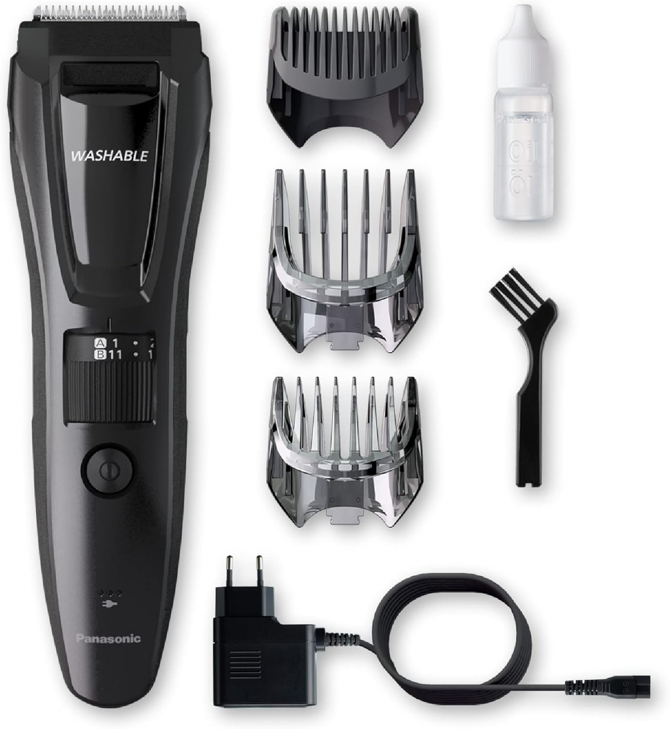 Tosatrice Panasonic nera con accessori: pettini, olio, spazzola e caricatore. Sul corpo della tosatrice c'è scritto 'Washable'.