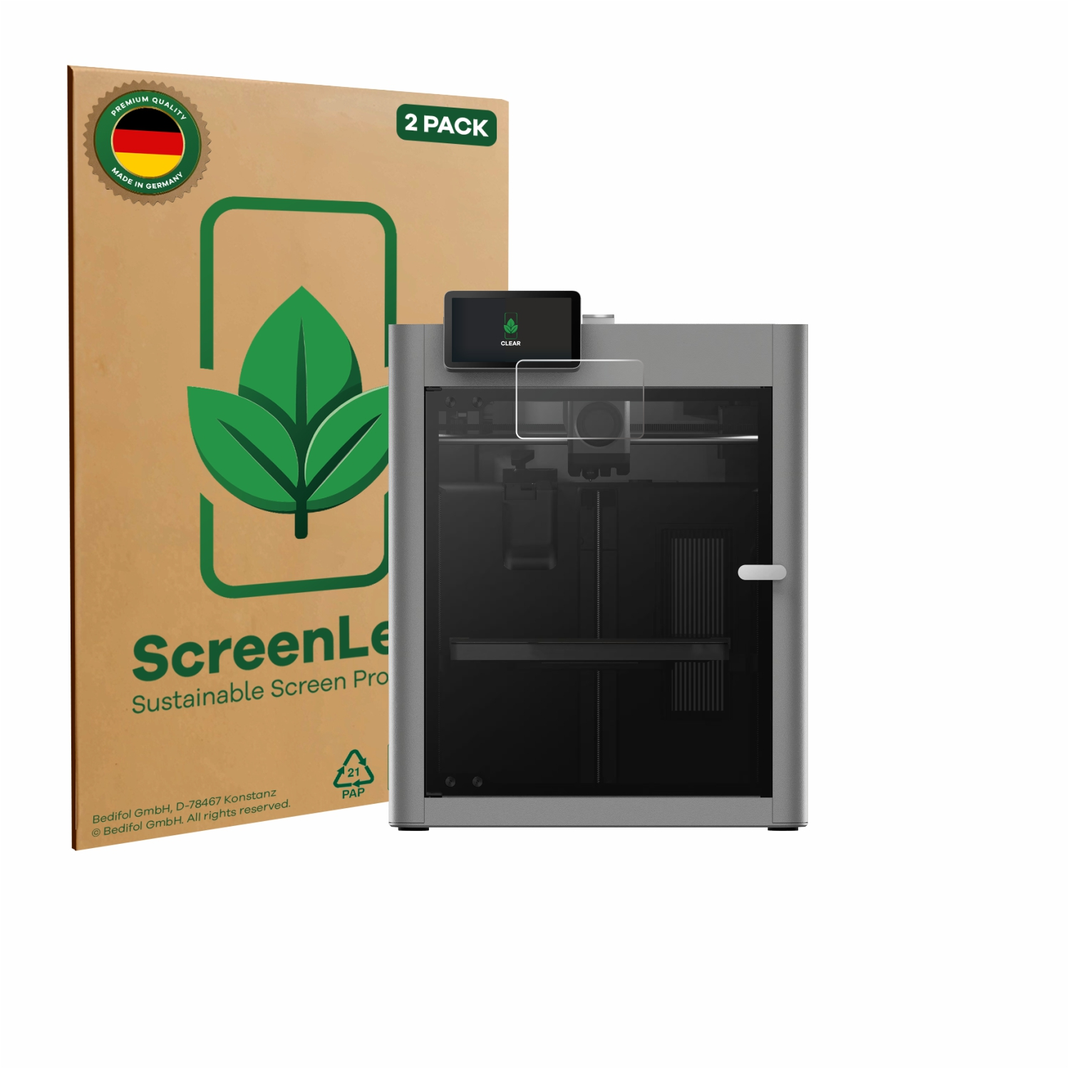 Eine Displayschutzfolienbox und ein 3D-Drucker werden angezeigt. Die Box hat ein Blattlogo und sagt 'Made in Germany'. Der Drucker ist grau.