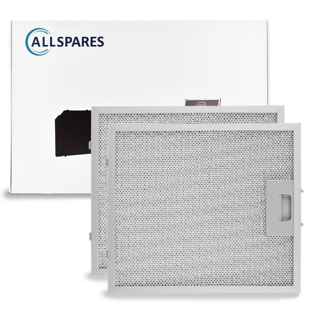 Due filtri d'aria con telaio in metallo bianco, accanto a una scatola bianca con il logo Allspares.