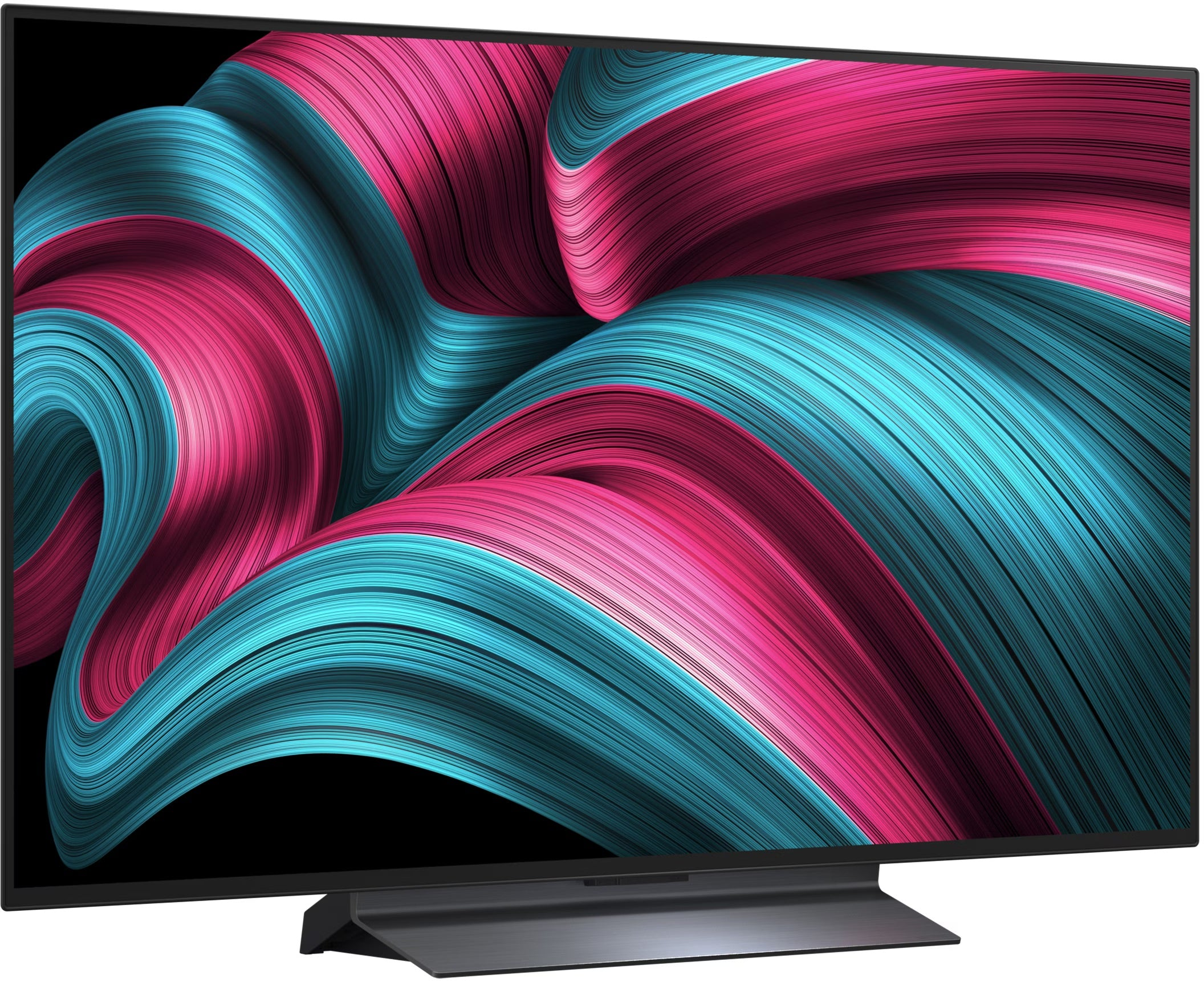 Une télévision moderne affiche un design abstrait vibrant de lignes bleues et roses fluides sur fond noir.