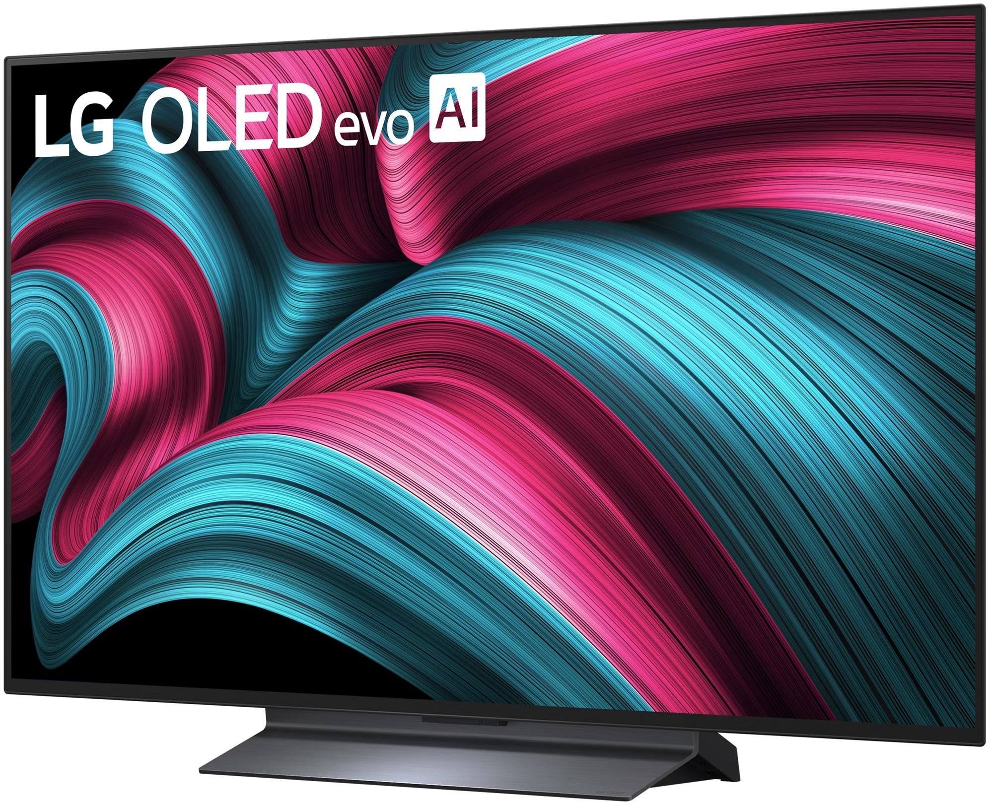 Le téléviseur LG OLED evo AI affiche un motif tourbillonnant de sarcelle et de rose. Support noir en bas.