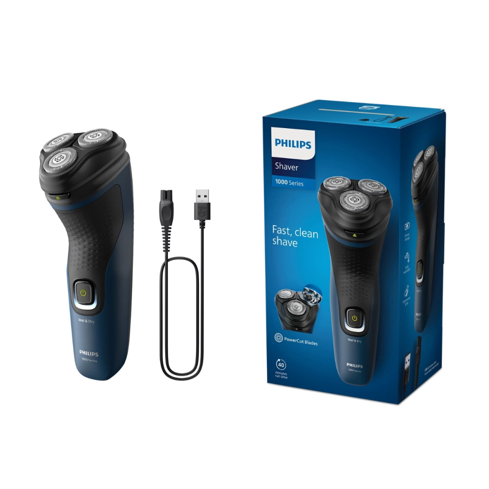 Golarka Philips z kablem ładującym i opakowaniem produktu, z golarką i jej funkcjami.