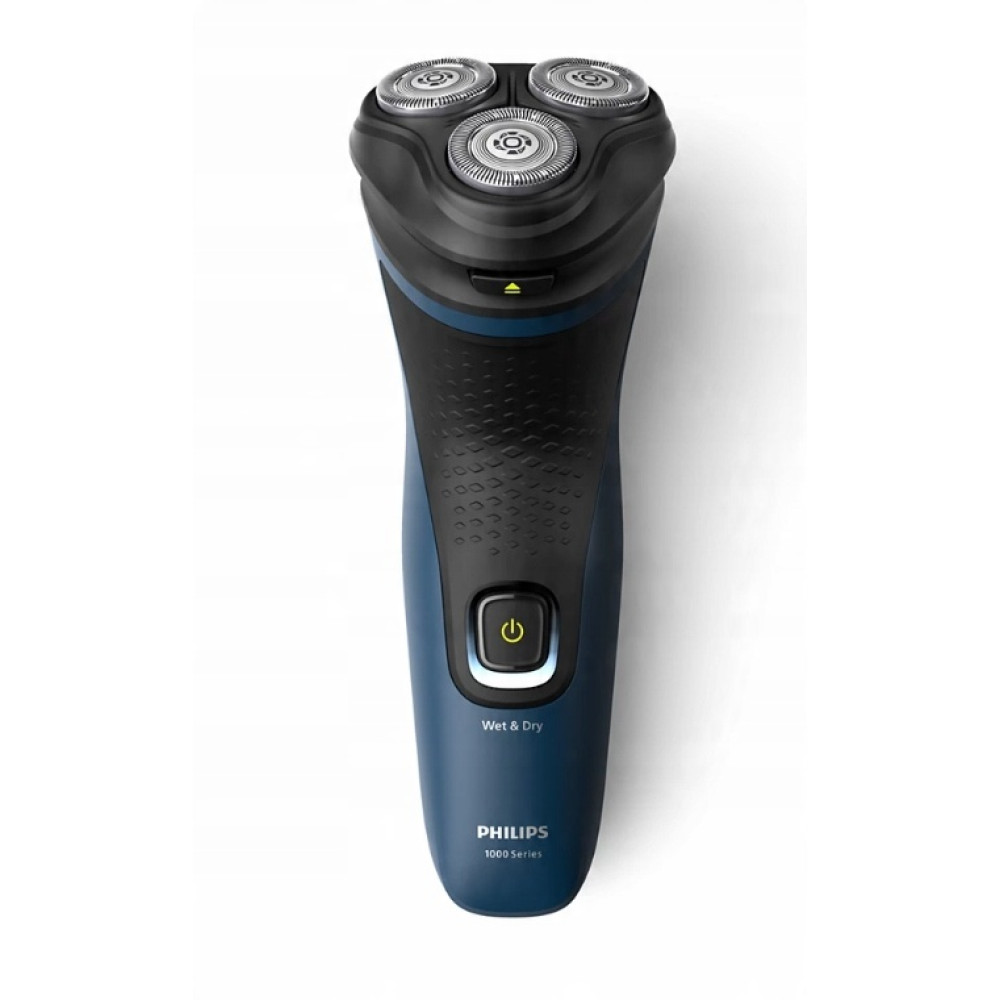 Elektryczna golarka Philips. Ma trzy głowice obrotowe, niebiesko-czarny korpus i przycisk włączania/wyłączania. Na dole logo 'Philips 1000 Series'.