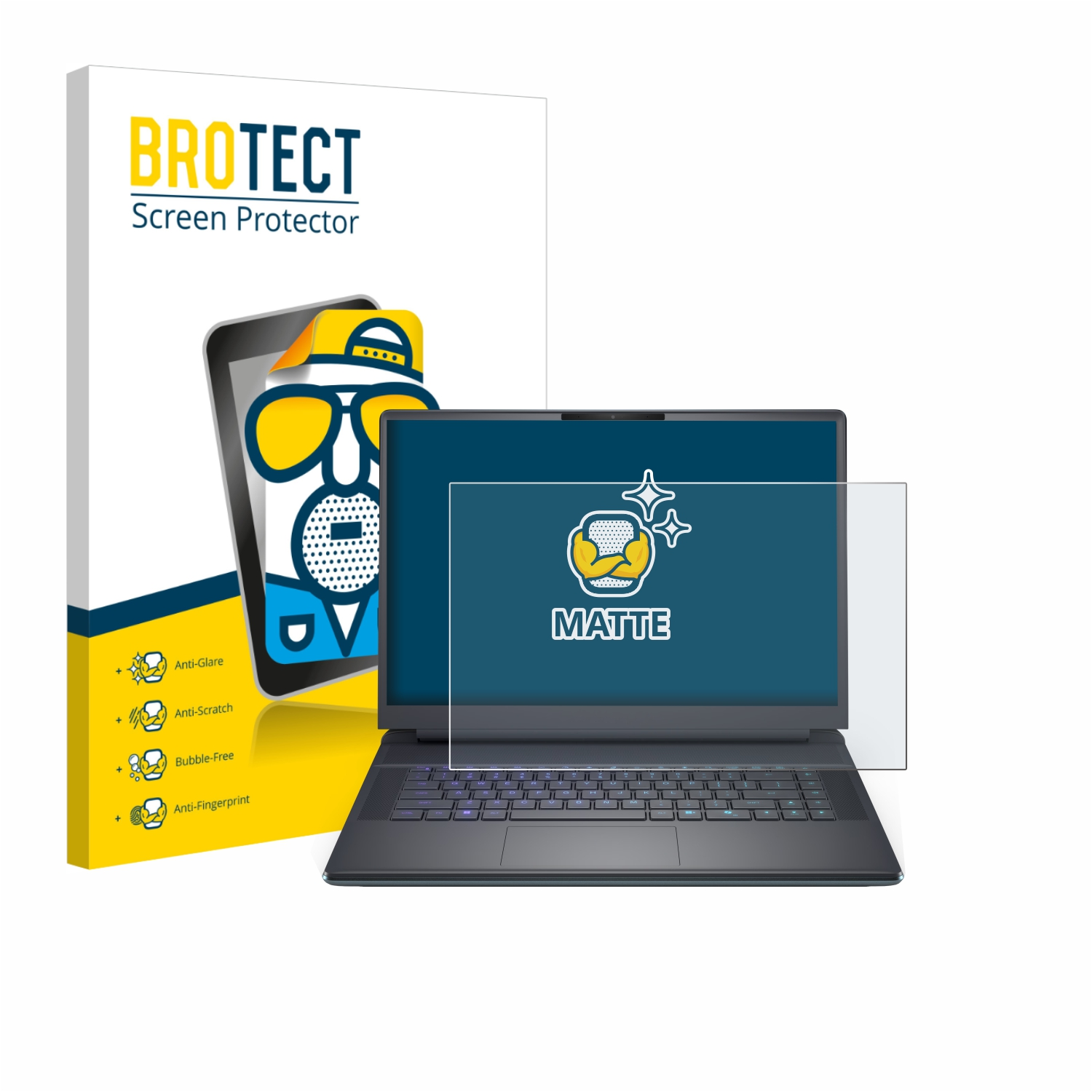 Laptop mit Displayschutzfolie. Box mit Logo, Produkteigenschaften. Matte Displayschutzfolie auf dem Laptop.