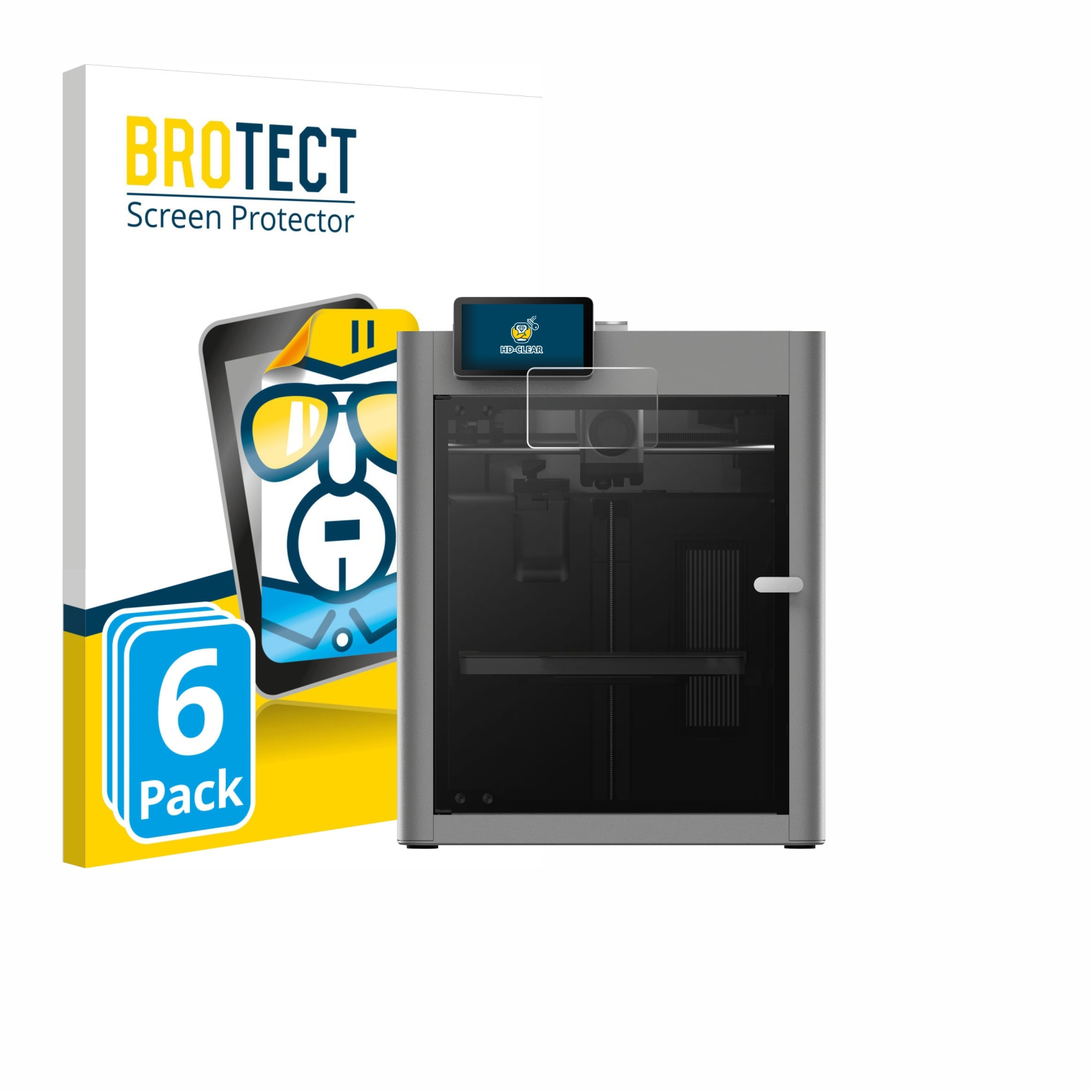 Das Bild zeigt eine Schirmprotektor-Box neben einem grauen 3D-Drucker. Die Box hat ein Telefon mit Brille und ein '6 Pack'-Etikett.
