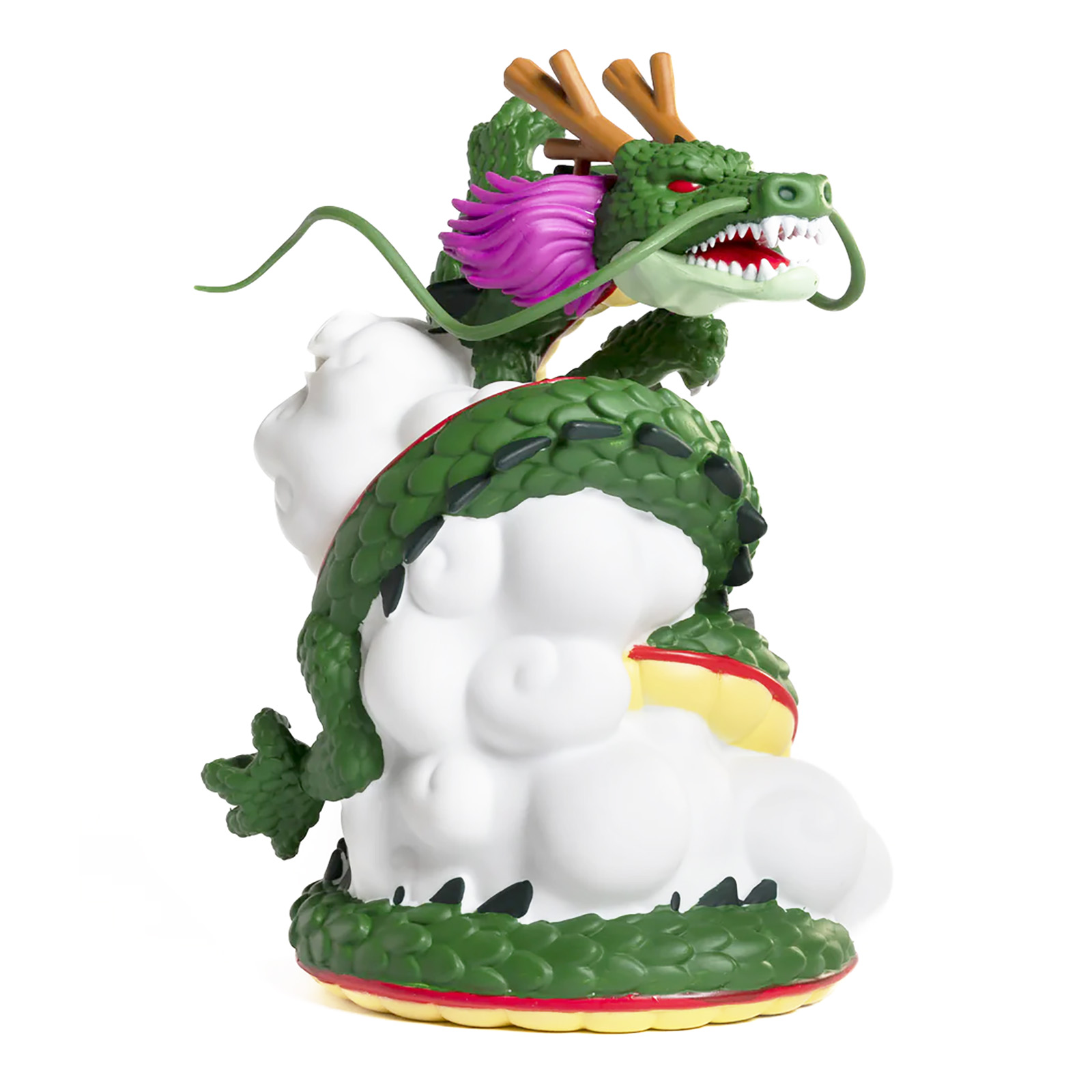 Eine grüne Drachenfigur mit lila Flossen und braunen Hörnern, roten Augen und weißen Zähnen sitzt auf einer Wolkenbasis.