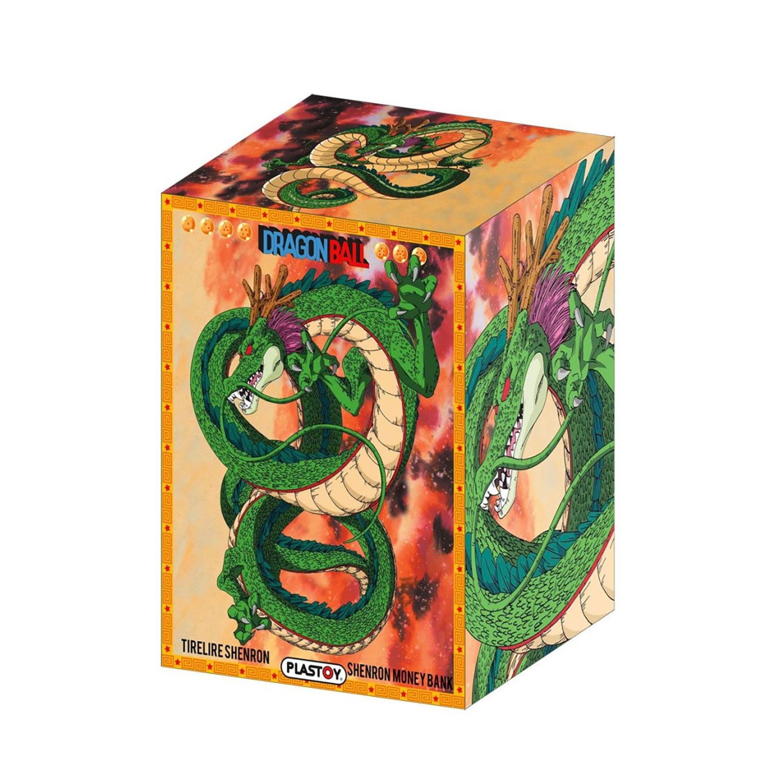 Die Box zeigt den grünen Drachen Shenron aus Dragon Ball. Der Hintergrund ist ein orange-roter Himmel mit einem Drachen.