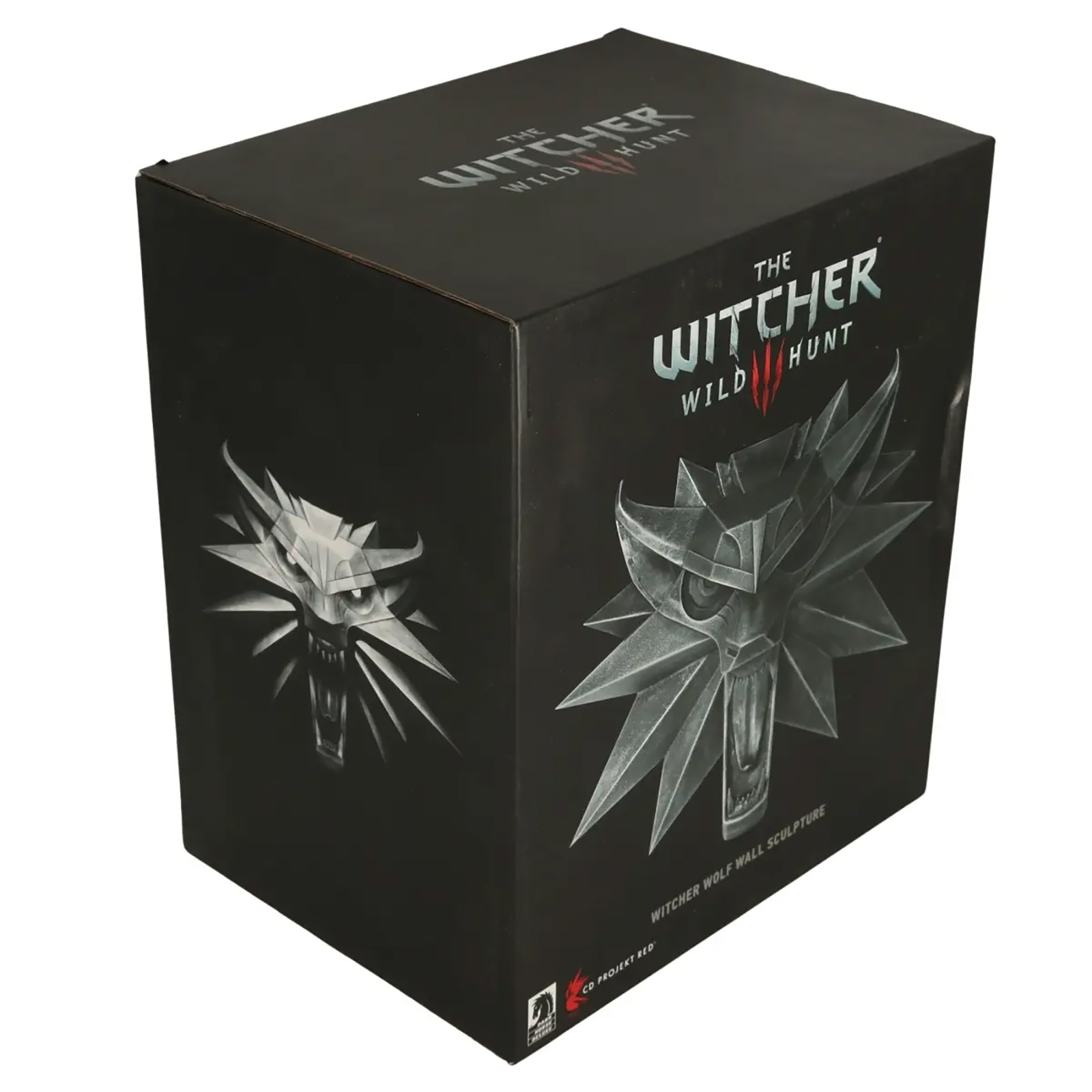 Schwarze Box mit The Witcher-Logo und Wolfskopf-Kunst. Enthält den Text 'WILD HUNT' und 'Witcher Wolf Wall Sculpture'.