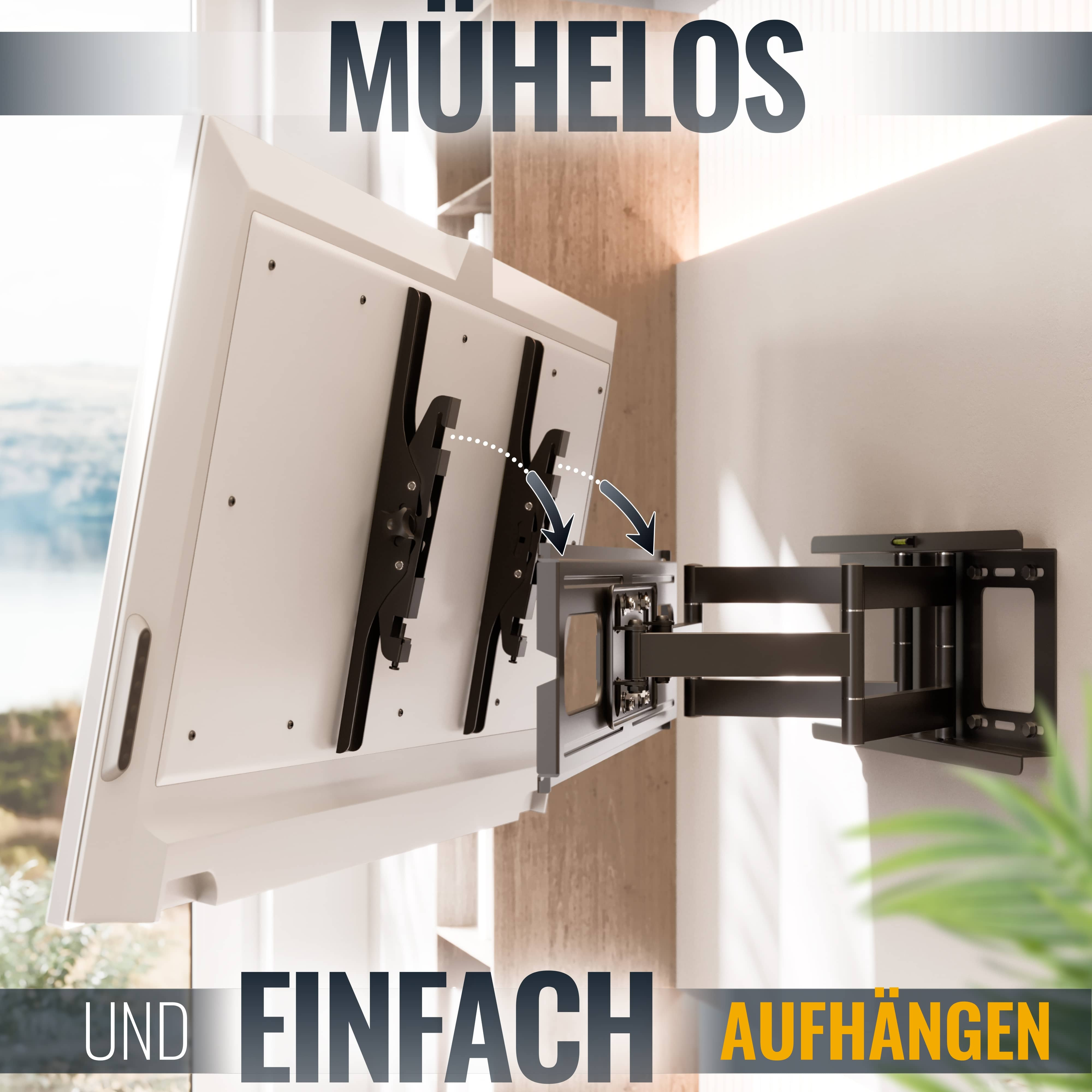 Gezeigt wird eine TV-Wandhalterung, mit einem weißen Fernseher, einer schwarzen Halterung und deutschem Text. Die Wörter sind 'Mühelos' und 'Einfach'.