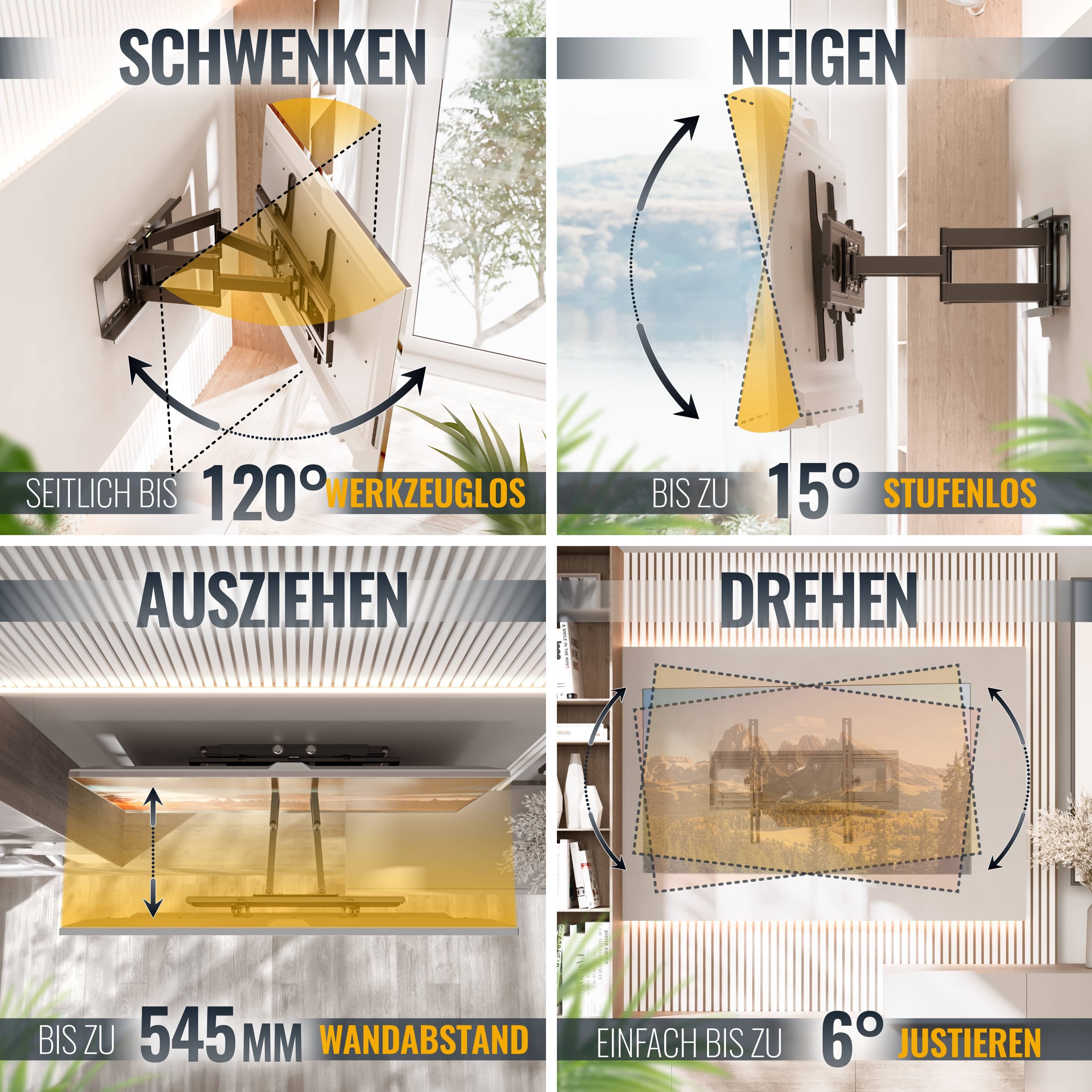Das Bild zeigt TV-Montageoptionen: Schwenken bis 120°, Neigen bis 15°, Ausziehen 545mm und Drehen 6°.