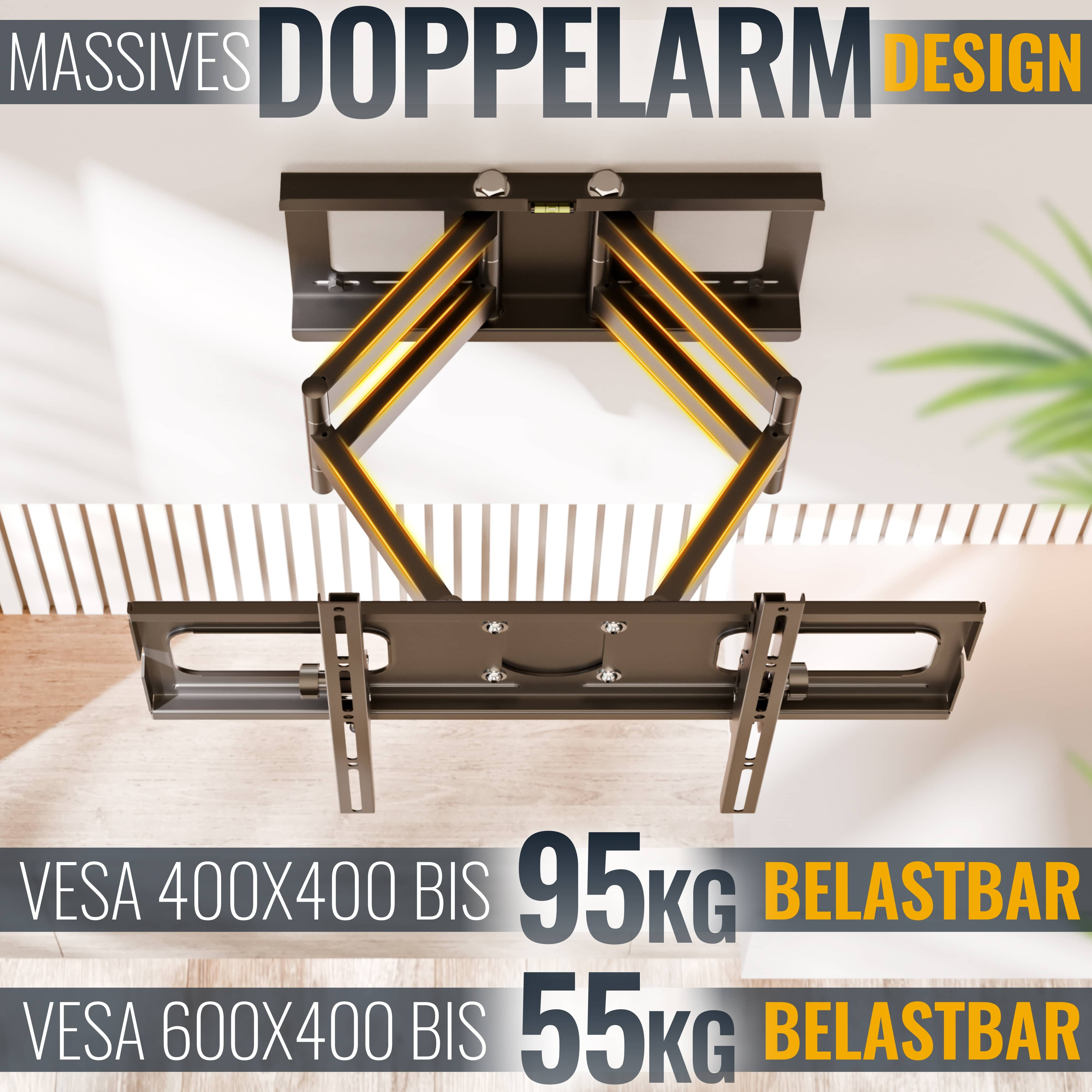 Eine Decken-TV-Halterung mit Doppelarm-Design. Sie verfügt über Gewichtskapazitäten, VESA-Größen und das Wort 'BELASTBAR'.