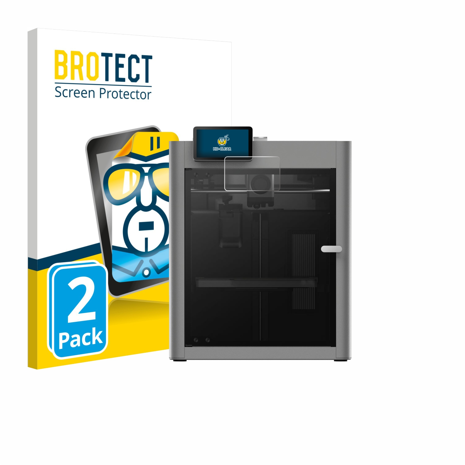 Eine Displayschutzfolienbox und ein 3D-Drucker werden gezeigt. Auf der Box sind ein Telefonbild und die Worte 'BROTECT Screen Protector' zu sehen.