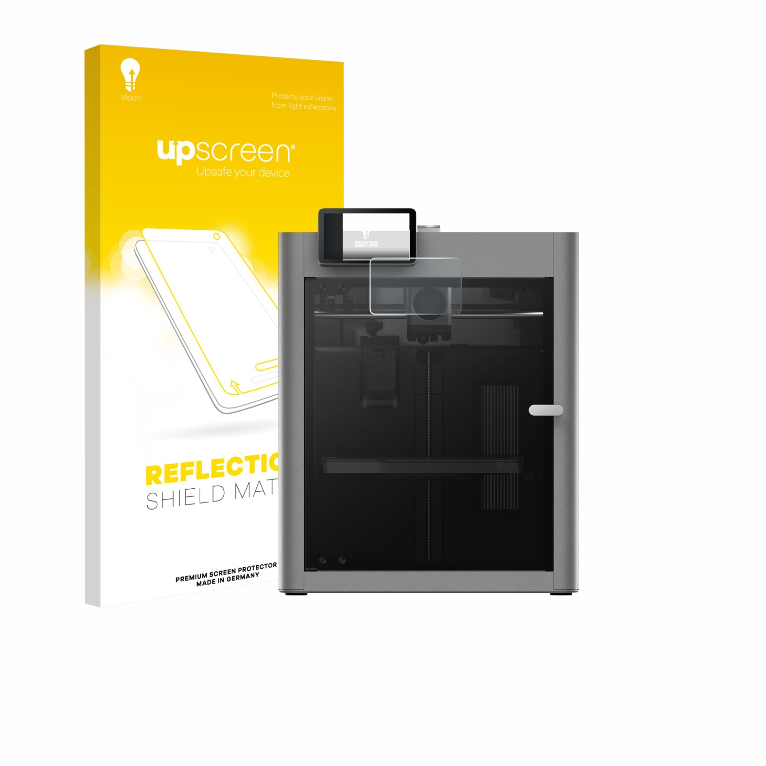 Eine Displayschutzfolienbox neben einem grauen Gerät mit Displayschutzfolie oben. Der Text auf der Box lautet 'upscreen' und 'REFLECTIO SHIELD MAT'.