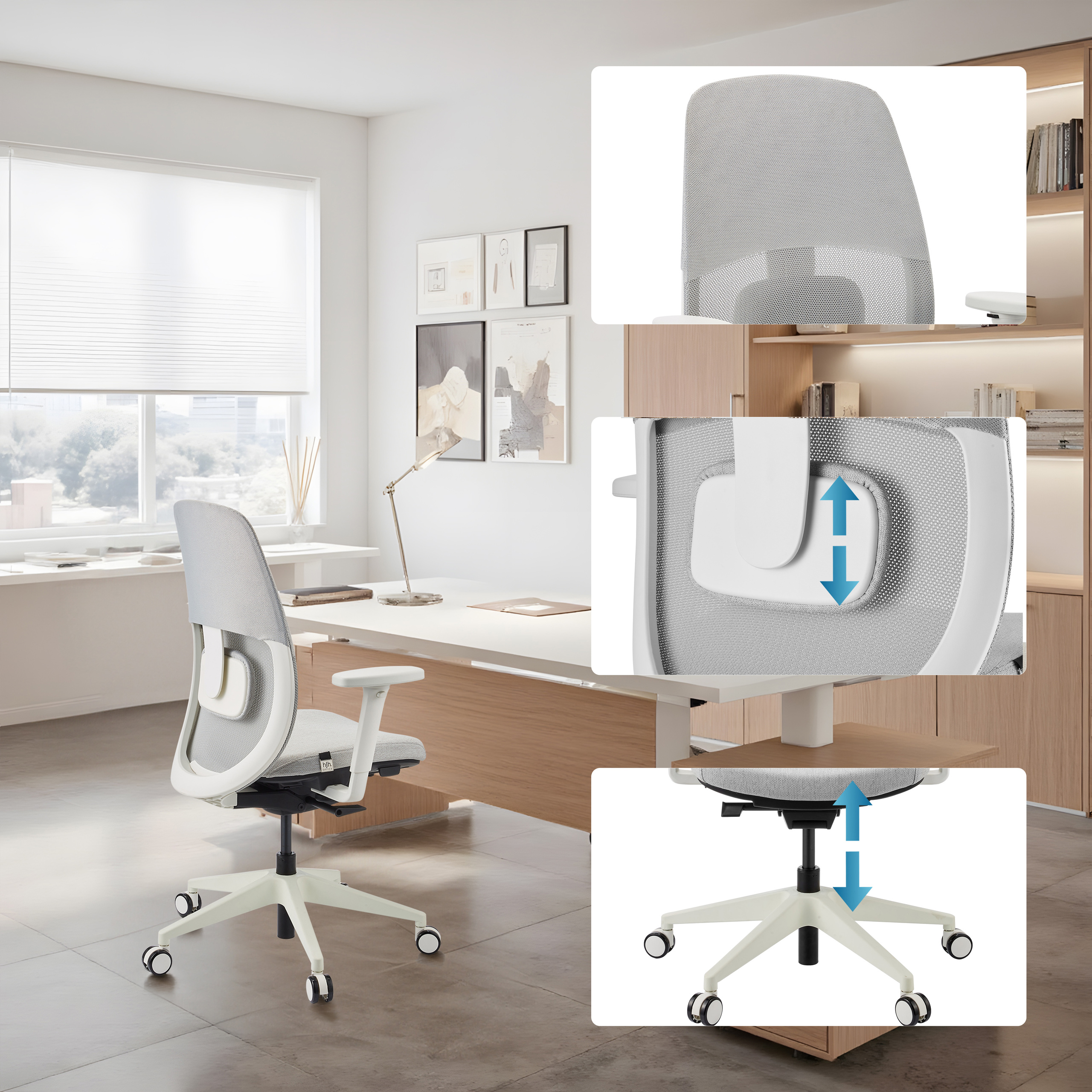 Bürostuhl mit weißem Rahmen, grauem Netzrücken und höhenverstellbar. In einem modernen Büro mit hellem Holz und weißen Wänden.