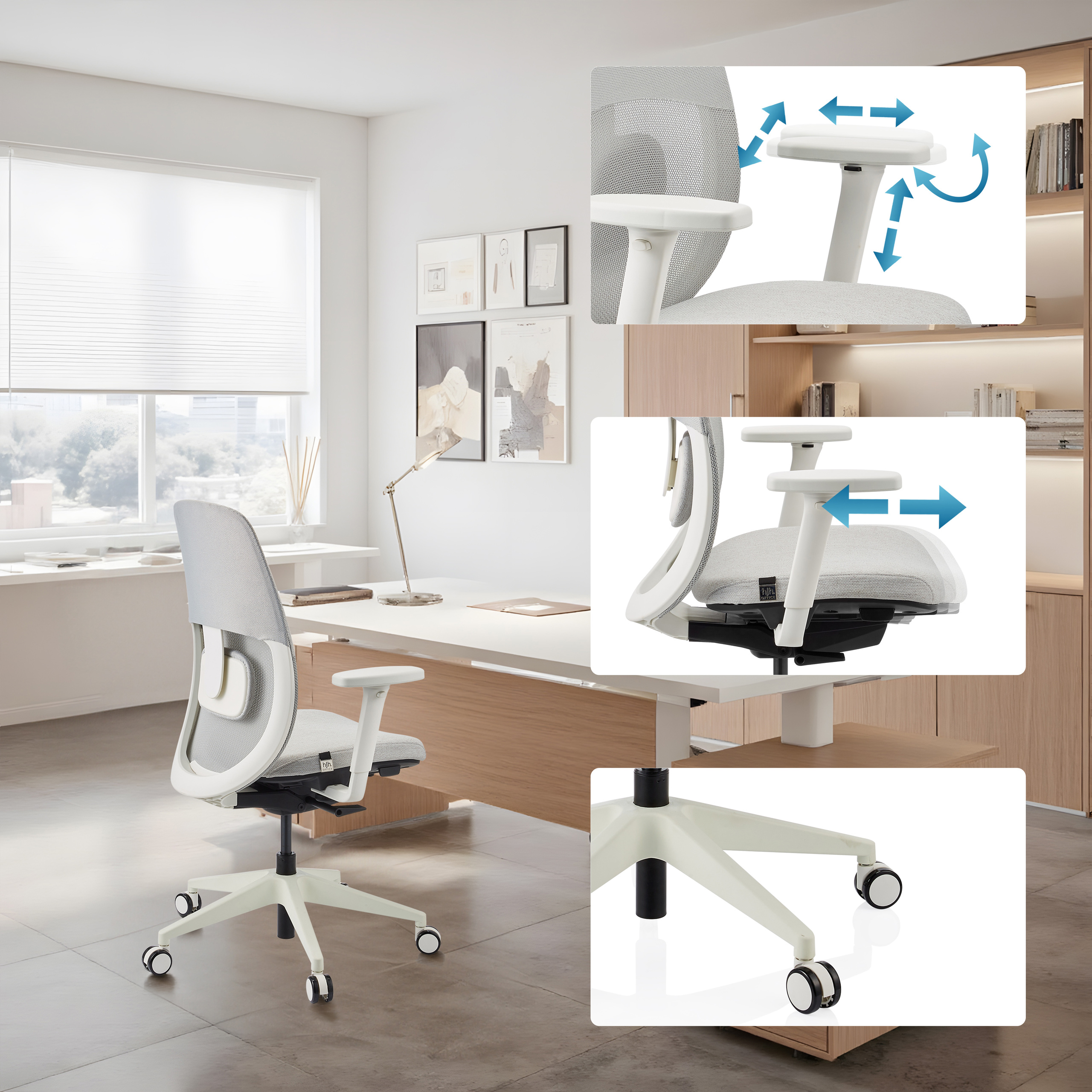 Bürostuhl, verstellbare Armlehnen und Sitz. Weißer Rahmen und Räder. Graues Netzrücken und Sitz. Gezeigt in einem modernen Büro.
