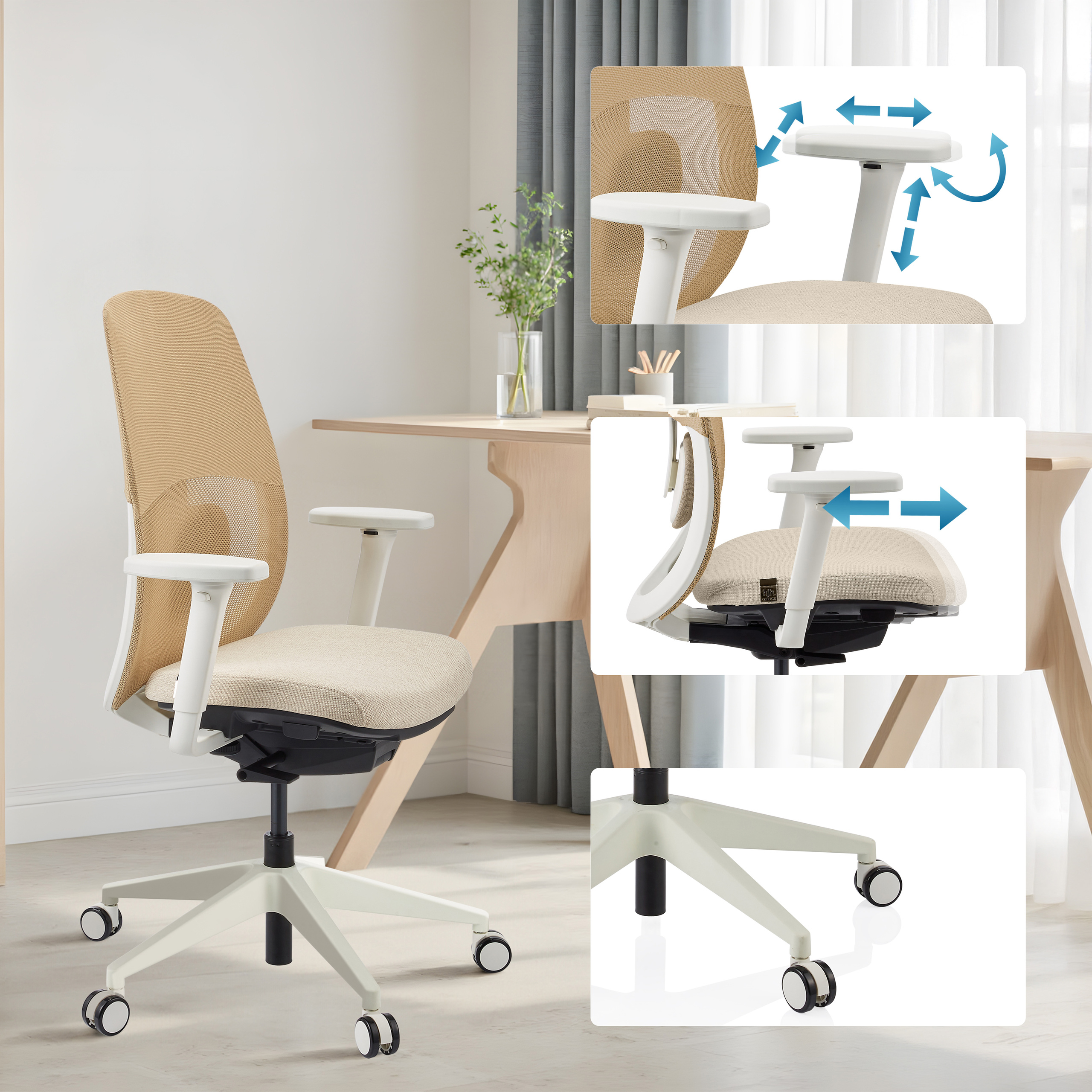 Bürostuhl mit Netzrücken, weißem Gestell und beigem Sitz. Detailaufnahmen zeigen Arm- und Sitzeinstellbarkeit und Rollenfuß.