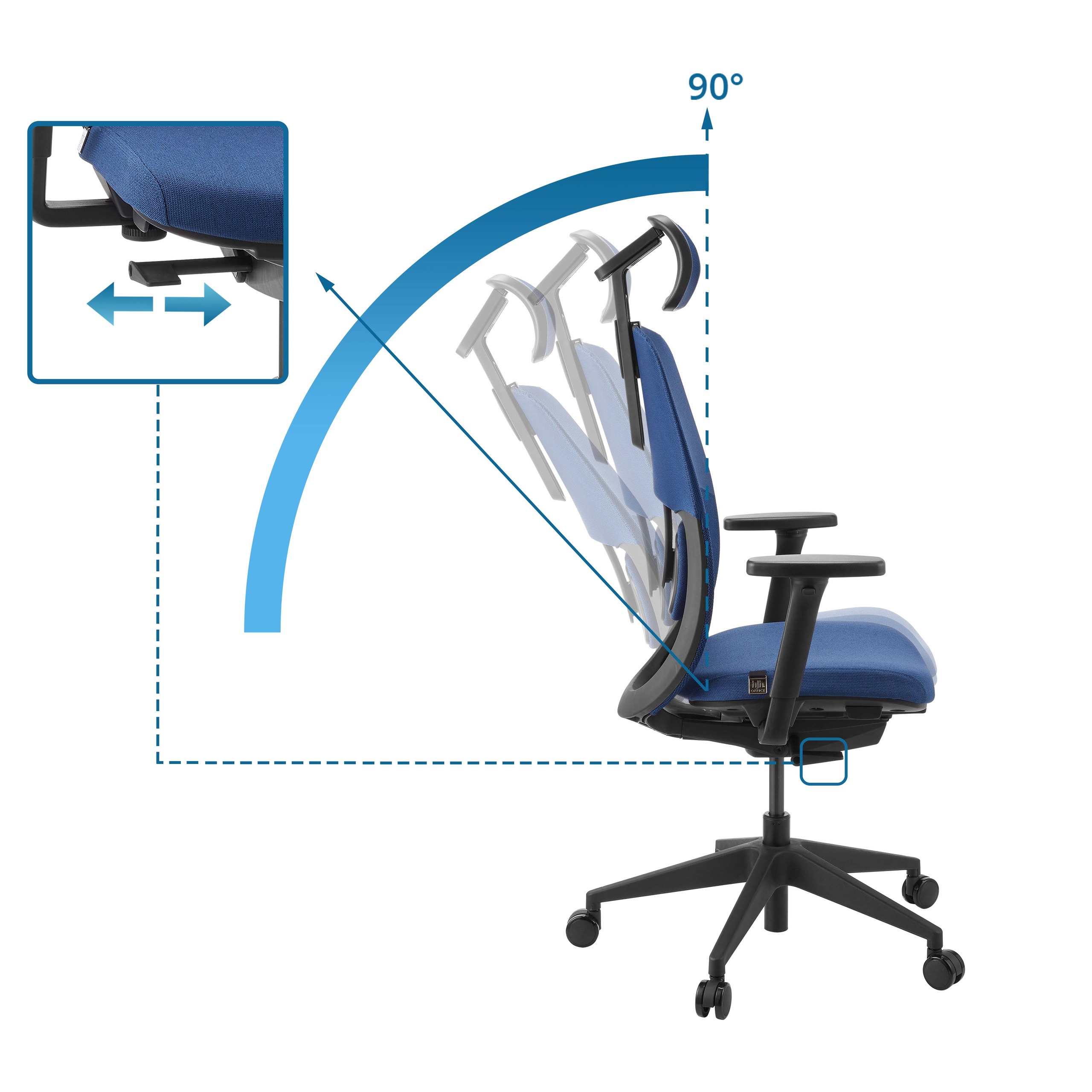 Ein Bürostuhl mit blauem Sitz und Rücken wird mit einem Einstellungsdiagramm gezeigt. Der Stuhl ist schwarz und hat Räder.