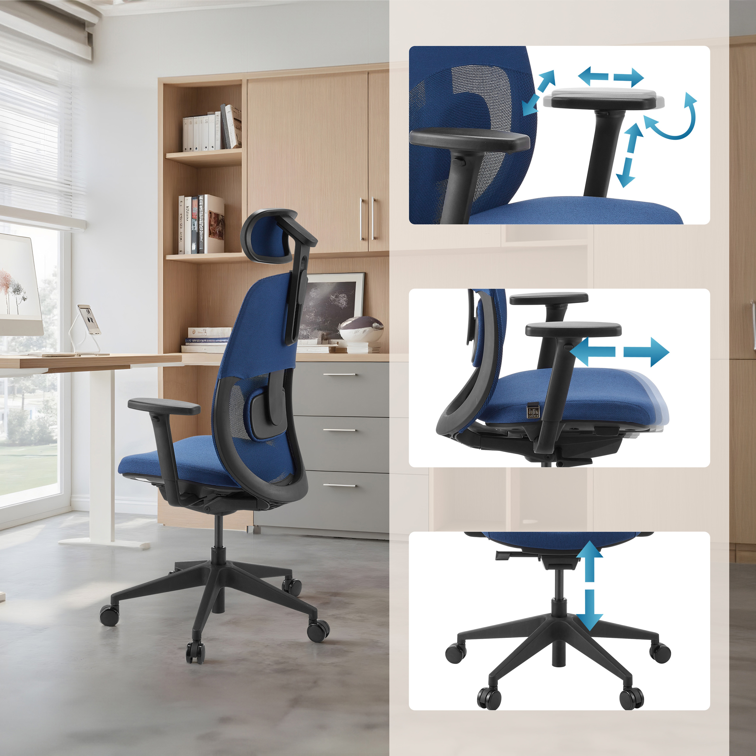 Blauer Bürostuhl mit verstellbaren Armlehnen und Kopfstütze. Der Stuhl befindet sich in einem Büro mit Schreibtisch und Bücherregal.