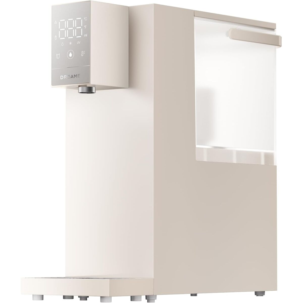 Un distributore d'acqua beige con display digitale che mostra temperatura e altre impostazioni. Ha un'uscita dell'acqua e un serbatoio trasparente.
