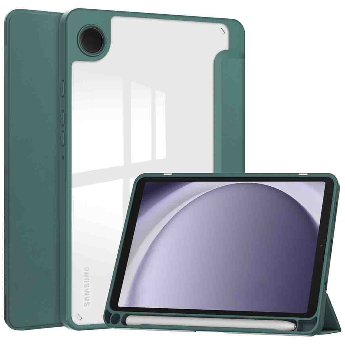 A tablet in a green case, with a clear back. Another tablet is on display with a stylus. The case has a built-in stand.