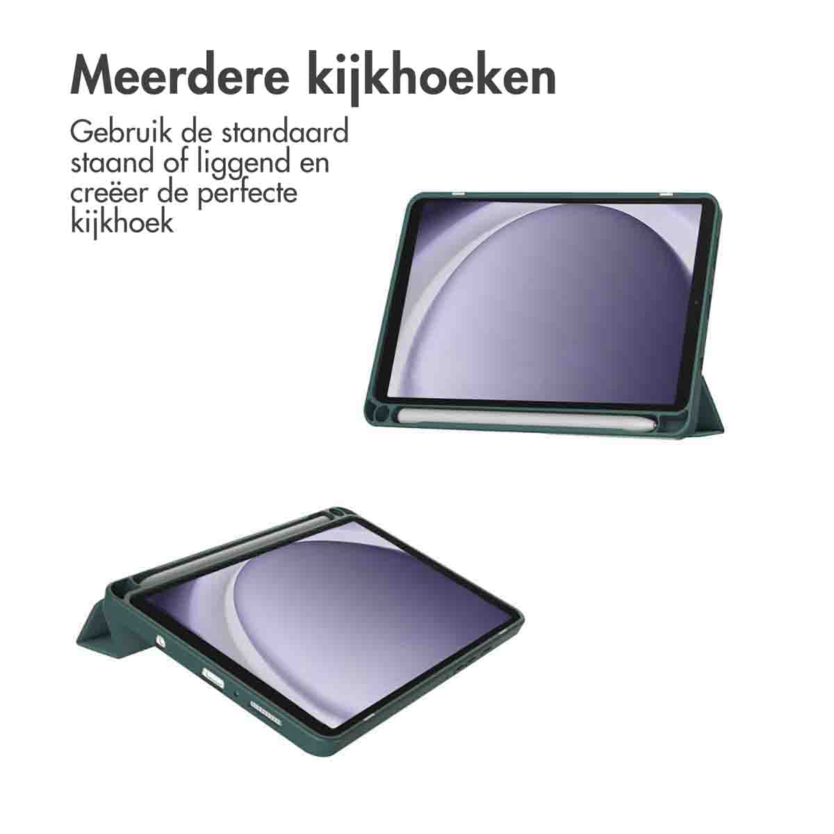 Two tablets in green cases, one propped up, the other flat. Text in Dutch says 'Multiple viewing angles'.