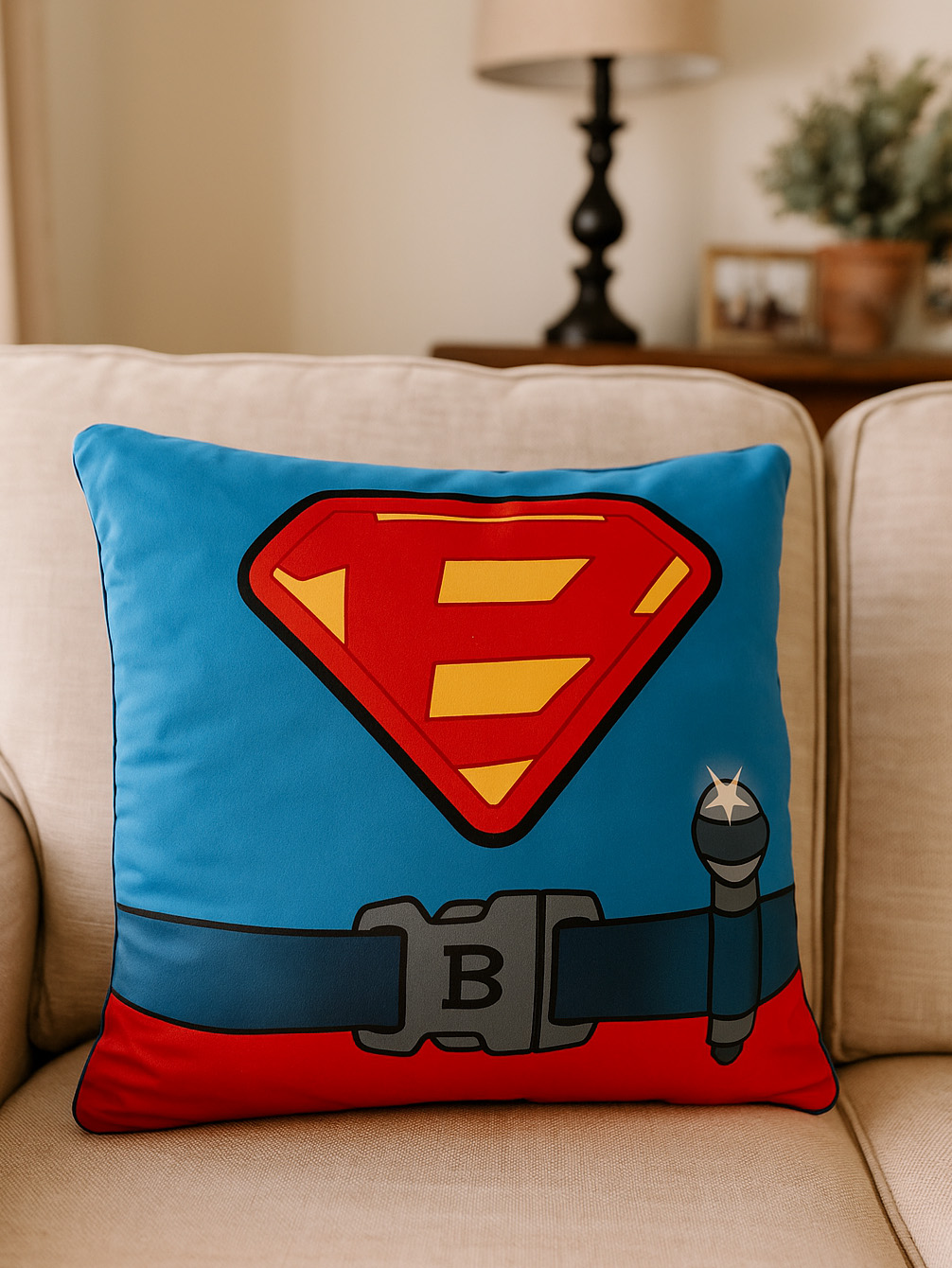 Ein blaues Superman-Kissen auf einer beigen Couch. Das Kissen zeigt Supermans Emblem, Gürtel und ein Mikrofon. Eine Lampe und eine Pflanze sind im Hintergrund.