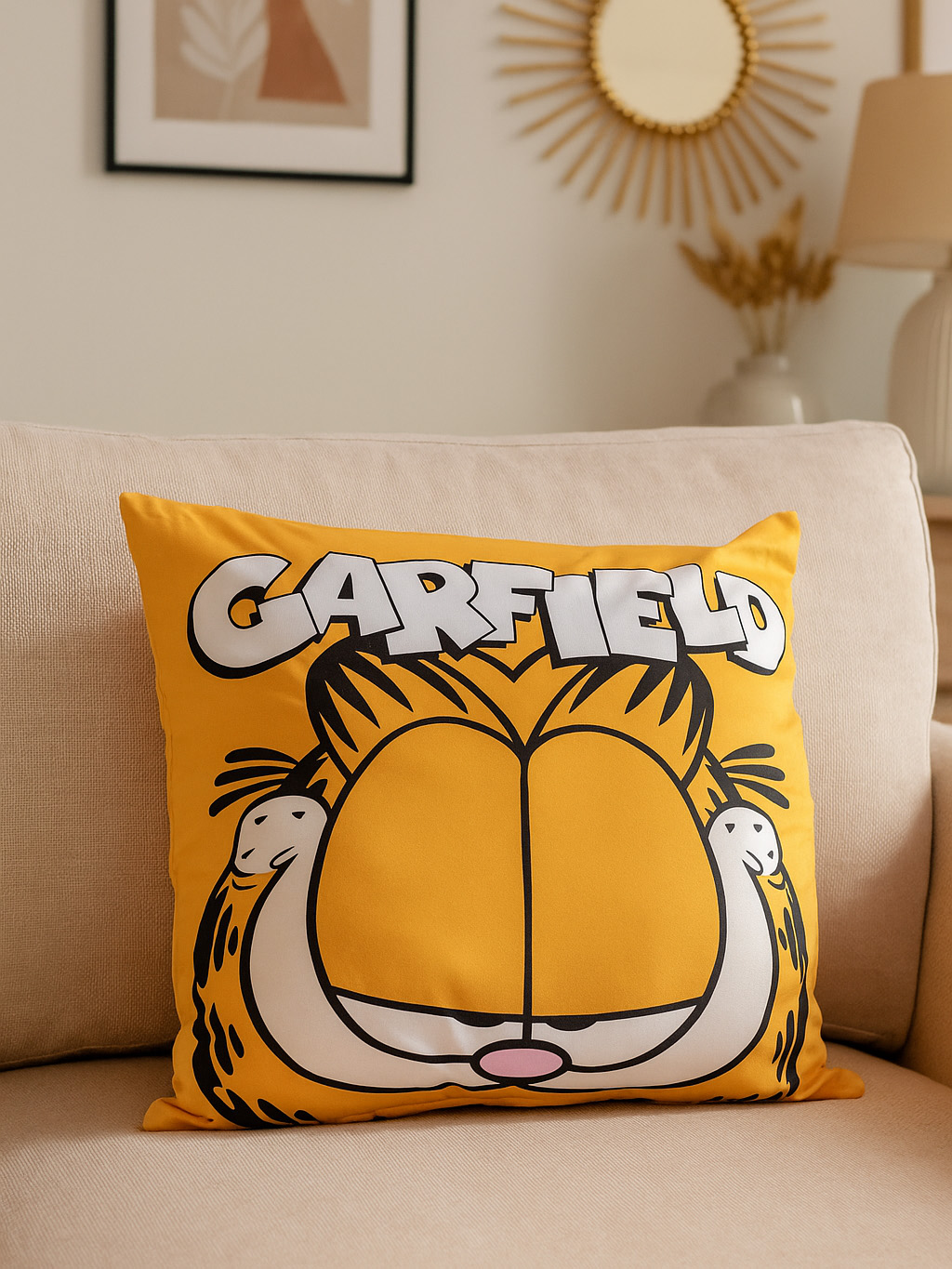 Ein gelbes Garfield-Kissen auf einem beigefarbenen Sofa. Das Kissen hat Garfields Gesicht und das Wort 'Garfield'.