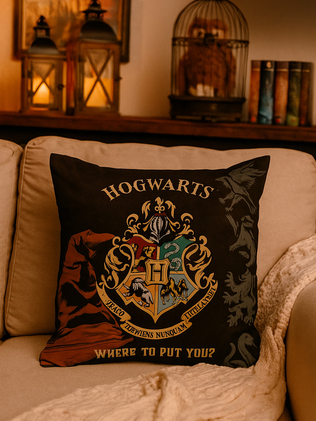 Ein Hogwarts-Kissen auf einem beigen Sofa. Der Hintergrund umfasst Laternen, einen Vogelkäfig mit Eule und Bücher.