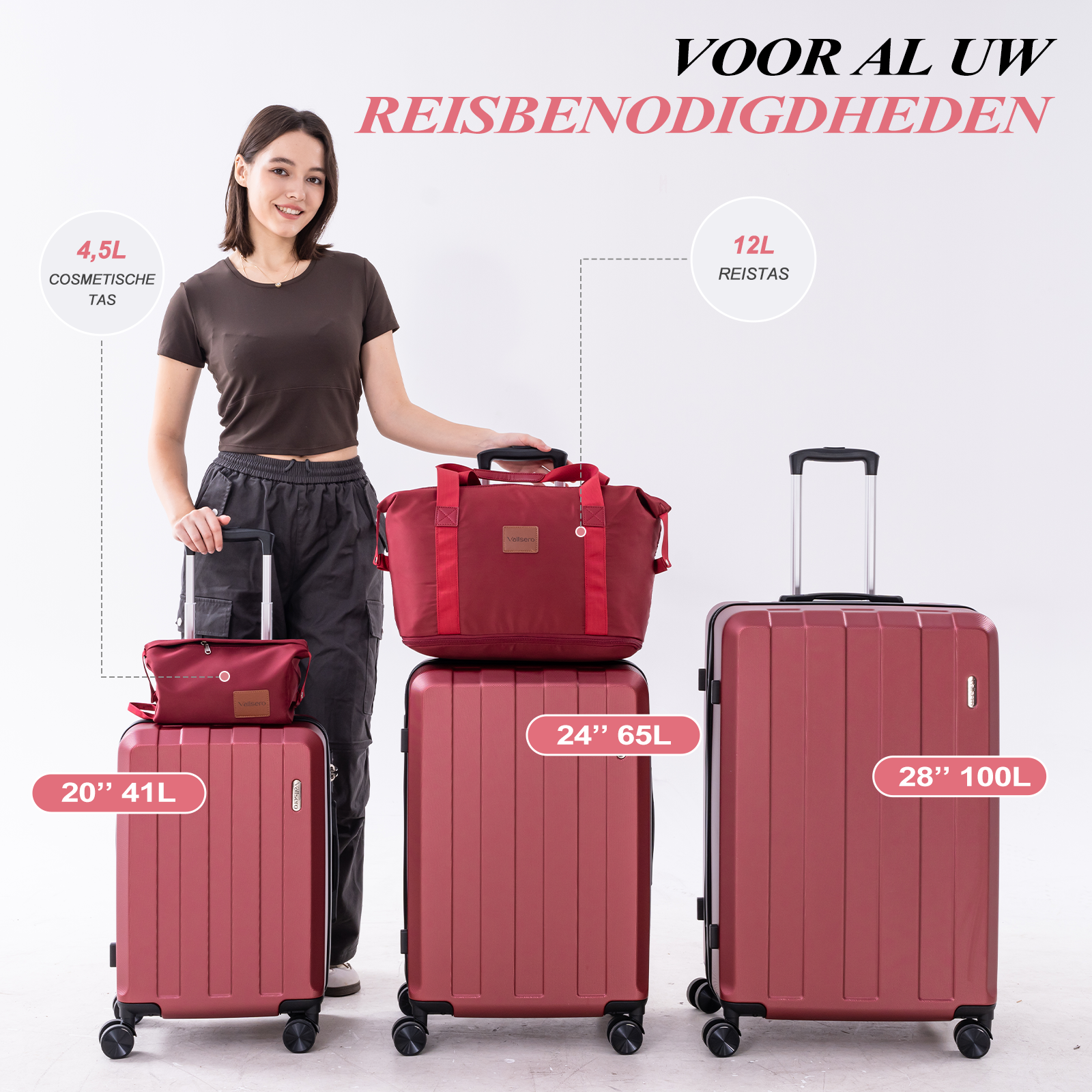 Een vrouw met bagage. Er staan drie koffers en een cosmeticatas voor een witte achtergrond.