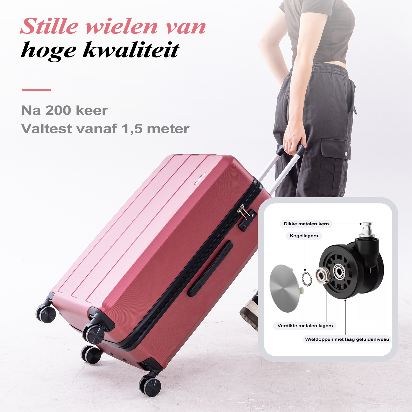 Een rode koffer met een persoon op de achtergrond die de handgreep vasthoudt. Er zijn tekstbeschrijvingen van de details van de koffer.