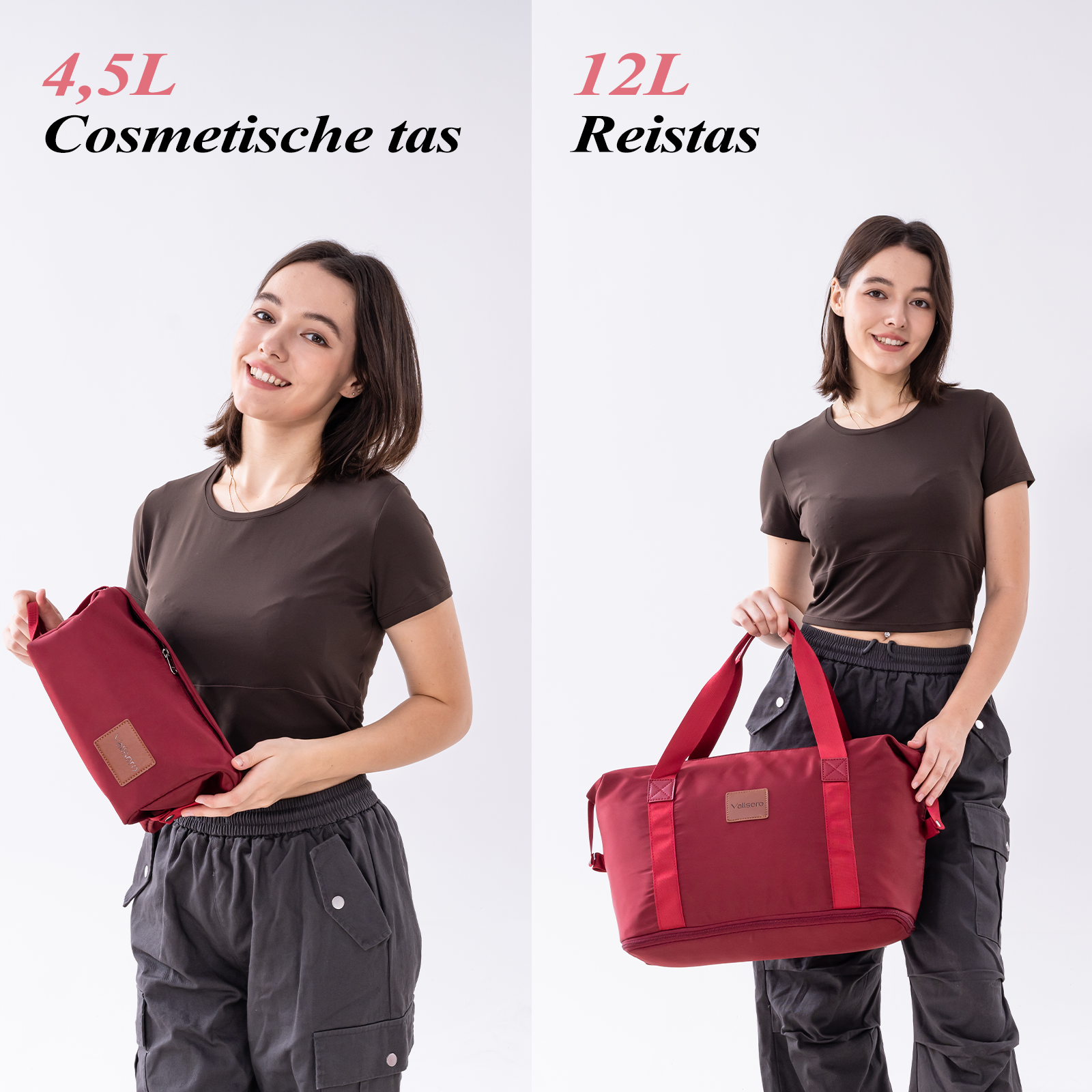 Een vrouw houdt twee rode tassen vast. Eén is klein, de andere een grote reistas. Tekst op de tassen: '4,5L' en '12L'.