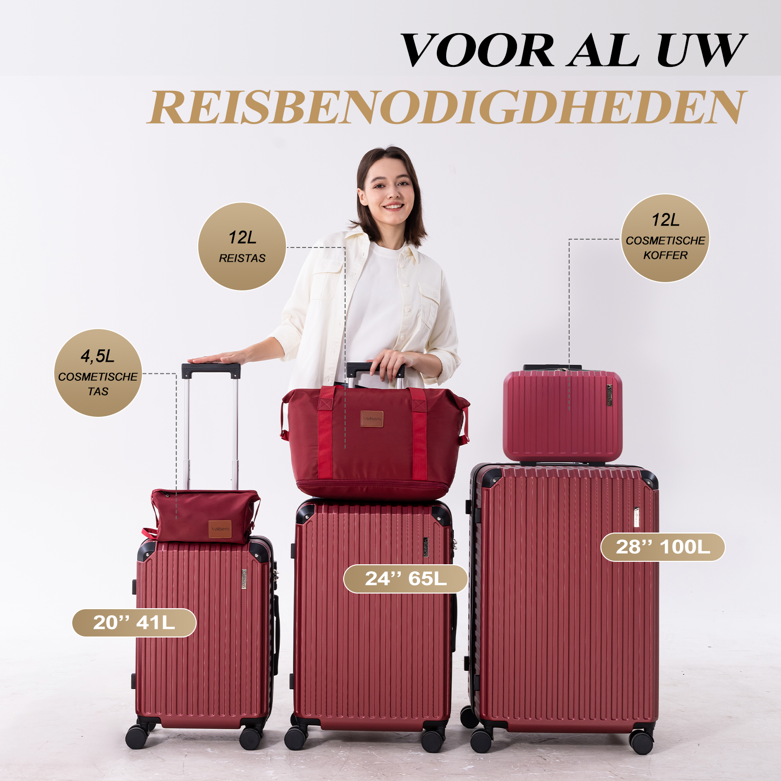 Een vrouw staat met diverse bordeauxkleurige bagage: koffers, een make-up tas en een reistas. Tekst benadrukt maten.
