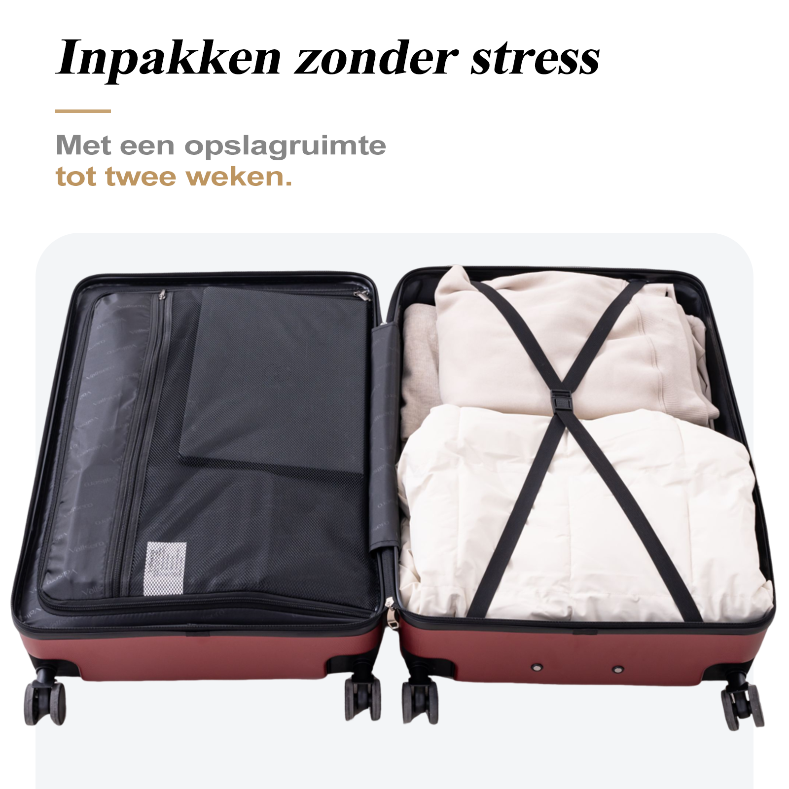 Open koffer met kleding, vakken en riemen. Roodbruine buitenkant met wielen. Tekst: Inpakken zonder stress, opslag tot twee weken.