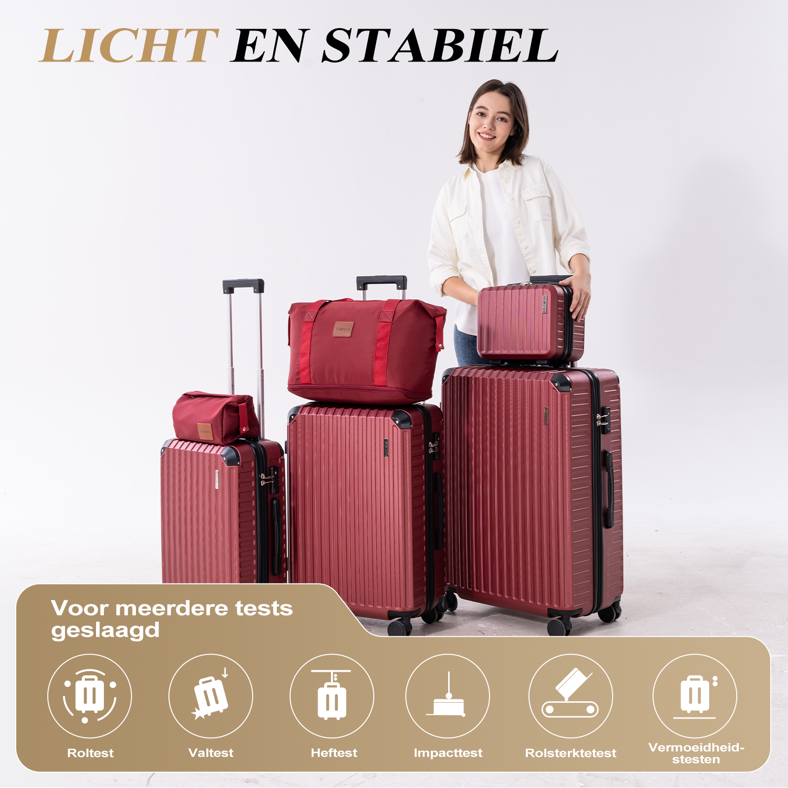 Een vrouw staat bij rode koffers. De afbeelding heeft tekst bovenaan en pictogrammen met tekst onderaan. De achtergrond is wit.