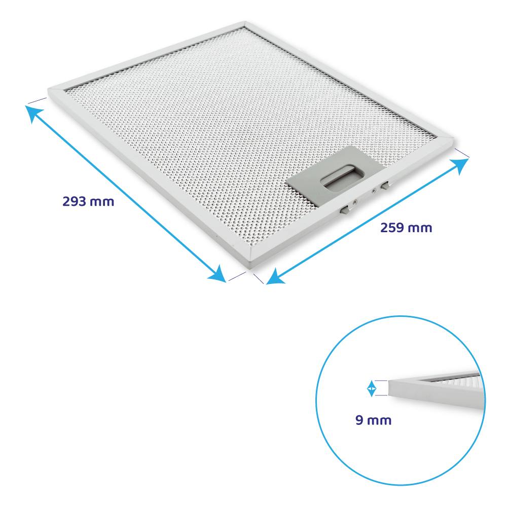 Un filtro metallico rettangolare con maniglia, dimensioni 293mm x 259mm, e spessore 9mm. Fa parte di una cappa da cucina.