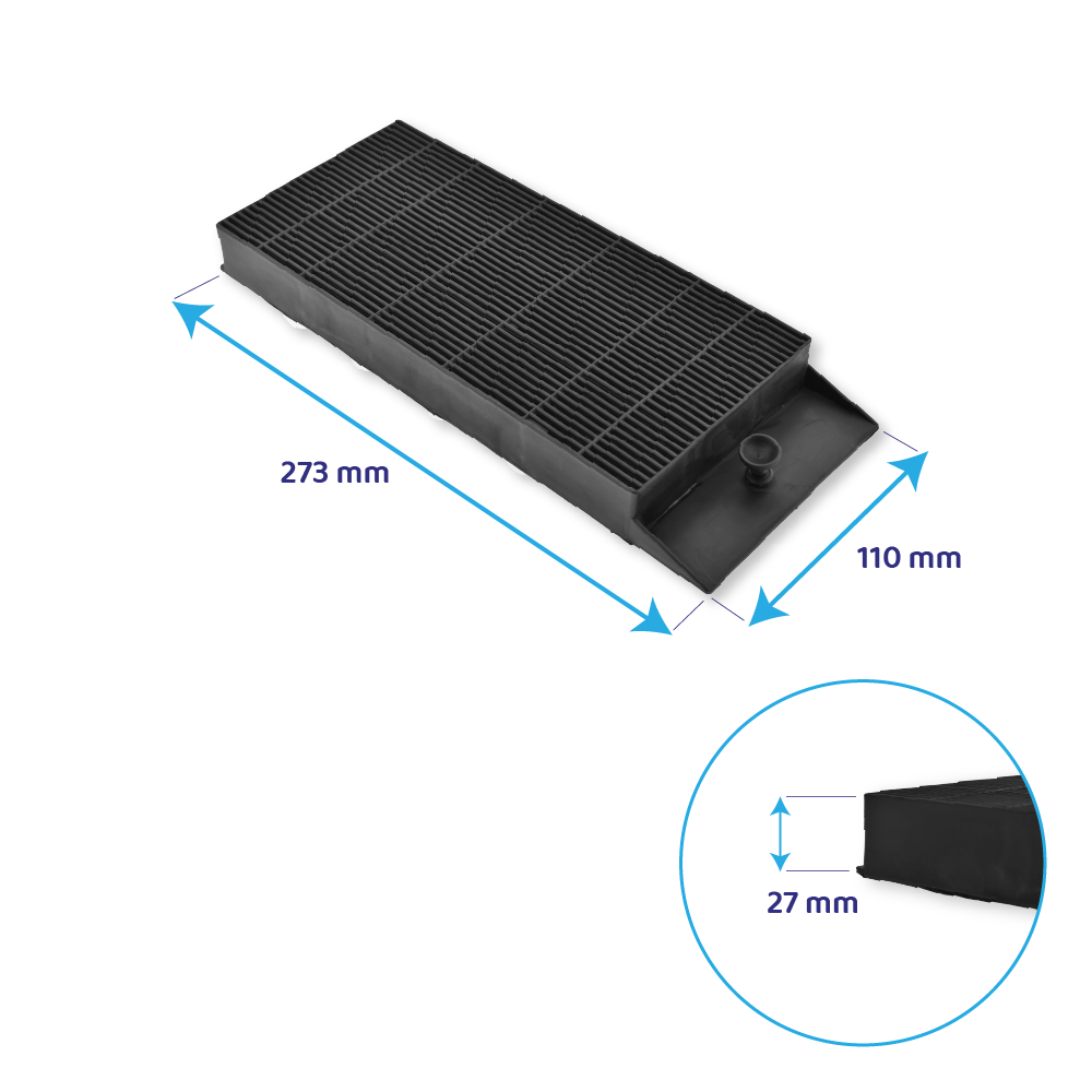 Griglia in plastica nera con dimensioni etichettate. La griglia principale è lunga 273 mm e larga 110 mm. Una sezione è alta 27 mm.