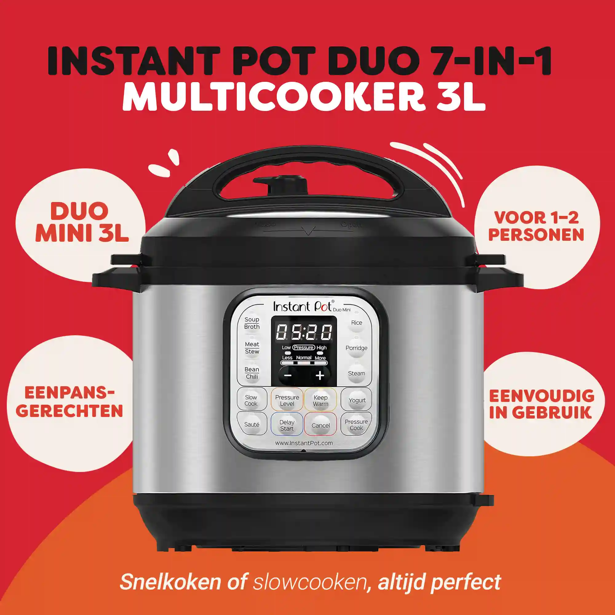 Instant Pot Duo 7-w-1 multicooker. Srebrno-czarny z cyfrowym wyświetlaczem i przyciskami. Nakładka tekstowa w różnych językach.