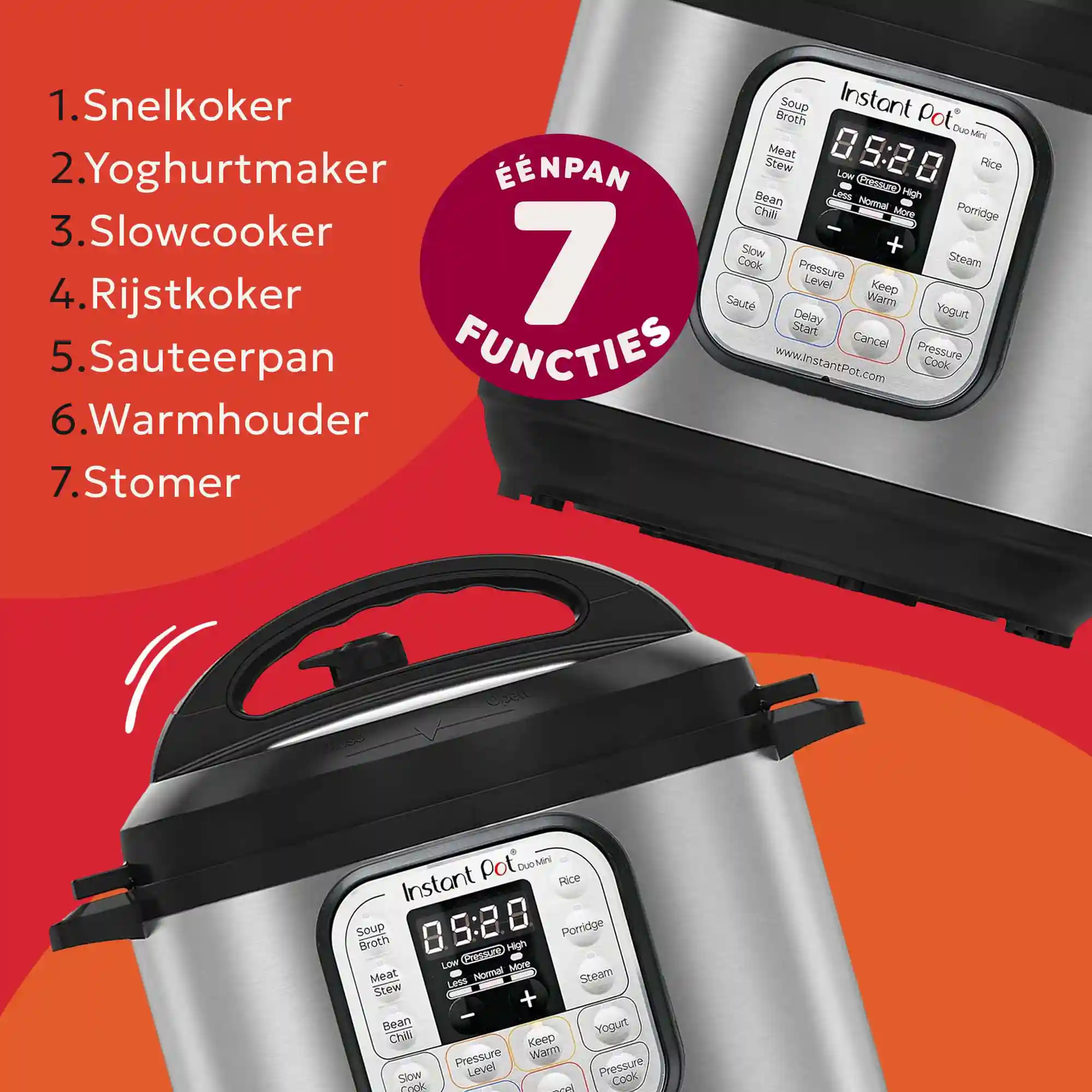 Instant Pot Duo Mini pokazujący różne funkcje gotowania z cyfrowym wyświetlaczem i przyciskami. Czerwony i biały tekst nakładki.
