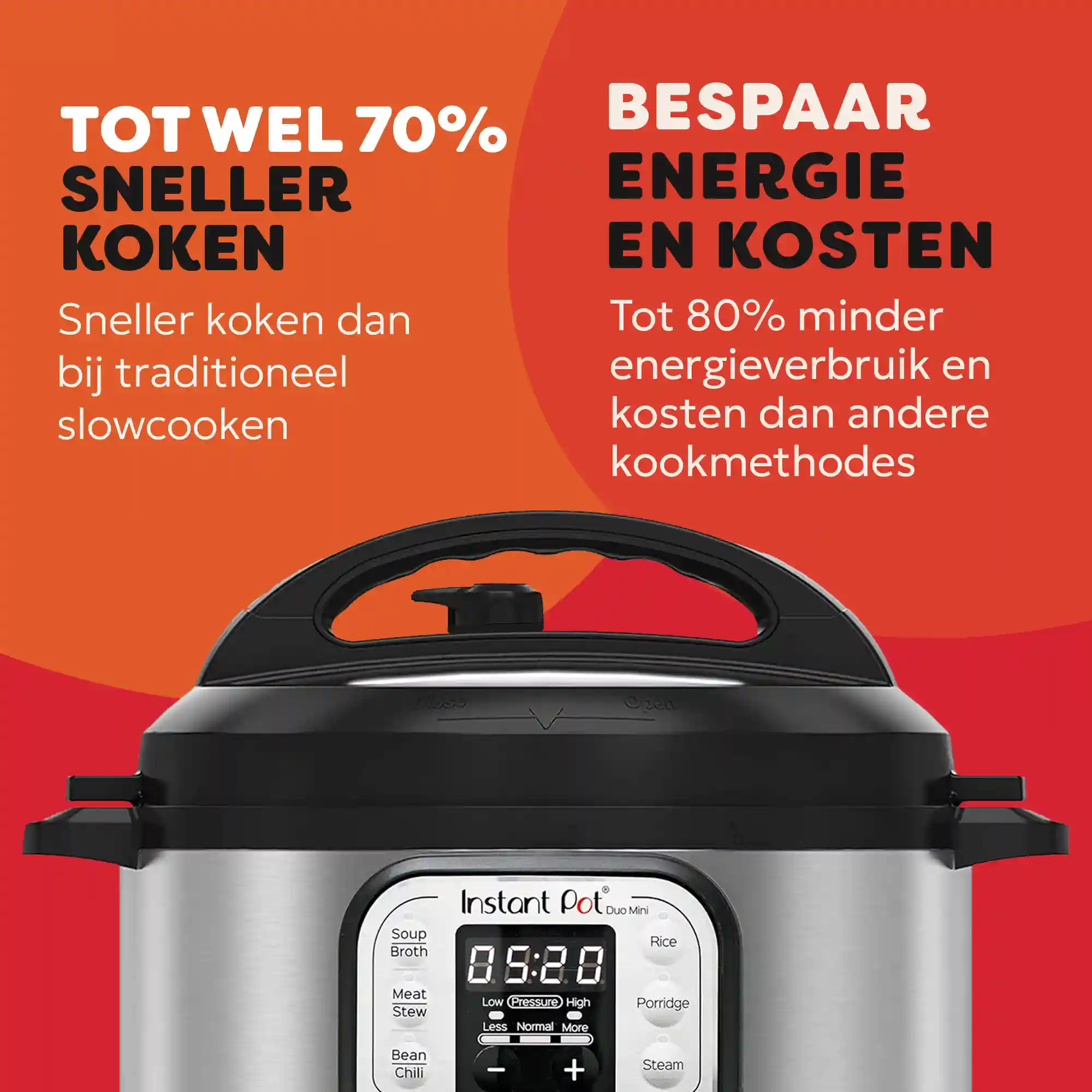 Pokazano Instant Pot Duo Mini. Tekst promuje szybsze gotowanie i oszczędność energii. Na wyświetlaczu widać 05:20.