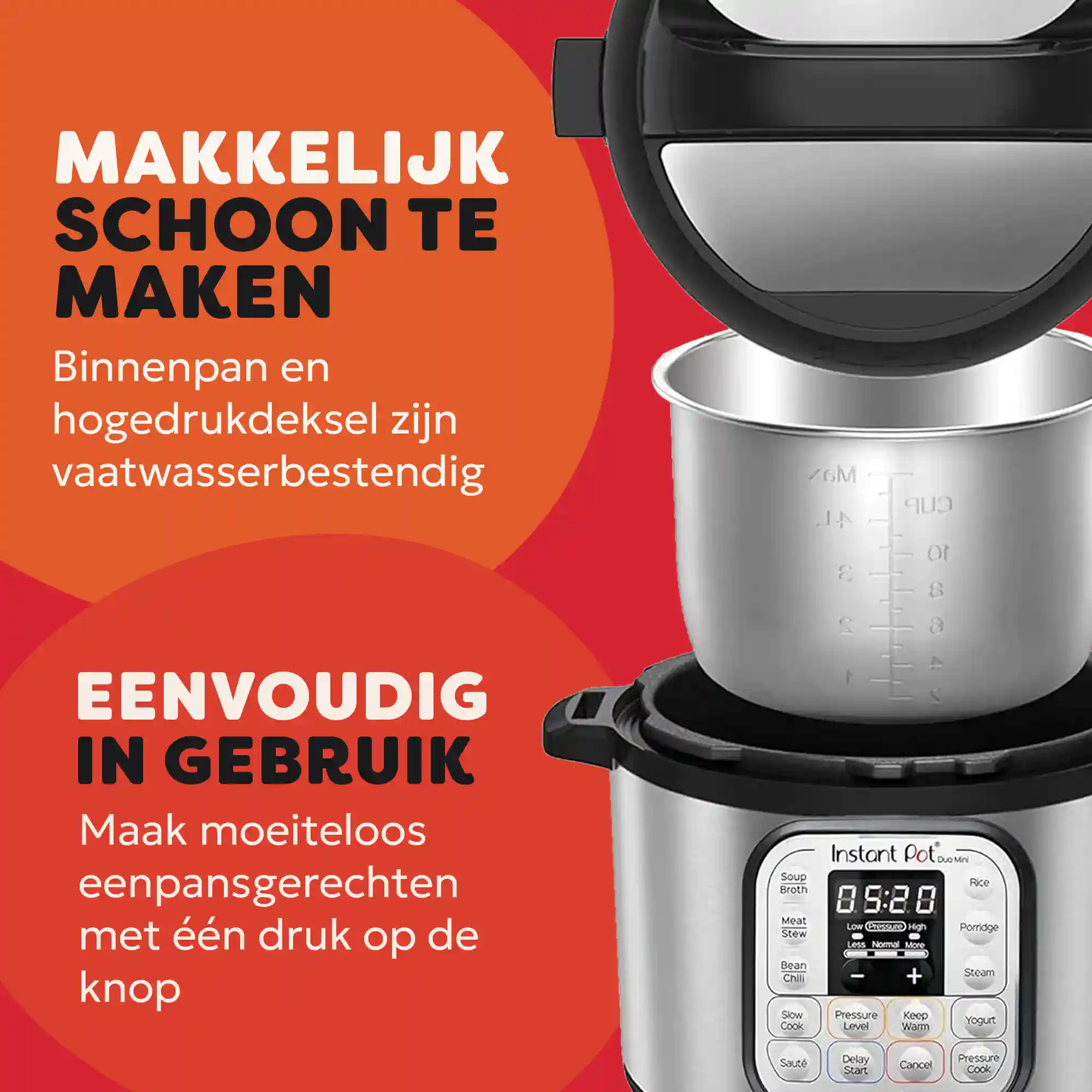 Instant Pot z tekstem w języku niderlandzkim. Ma wewnętrzny garnek ze stali nierdzewnej i czarną pokrywkę. Wyświetlacz pokazuje 05:20.
