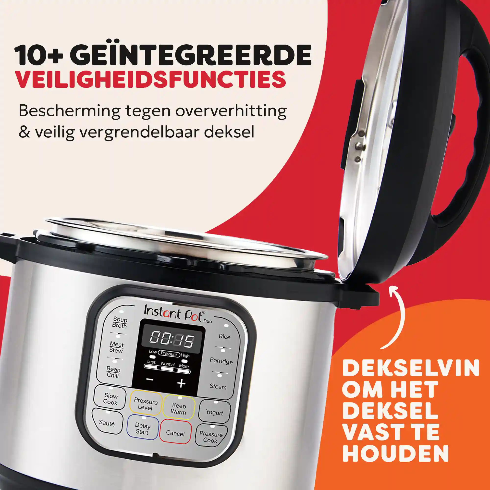 Instant Pot Duo z otwartą pokrywą, pokazujący panel sterowania i tekst w języku niderlandzkim: funkcje bezpieczeństwa i blokada pokrywy.