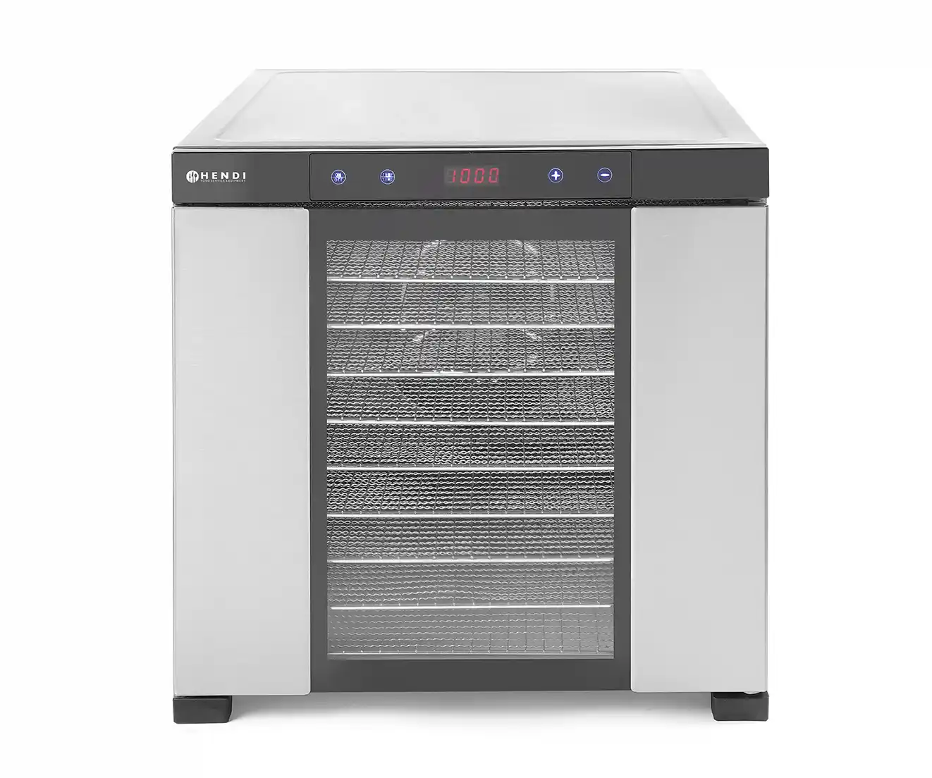 Un déshydrateur alimentaire en acier inoxydable avec un affichage numérique indiquant '0.00'. Il a plusieurs grilles en fil de fer.