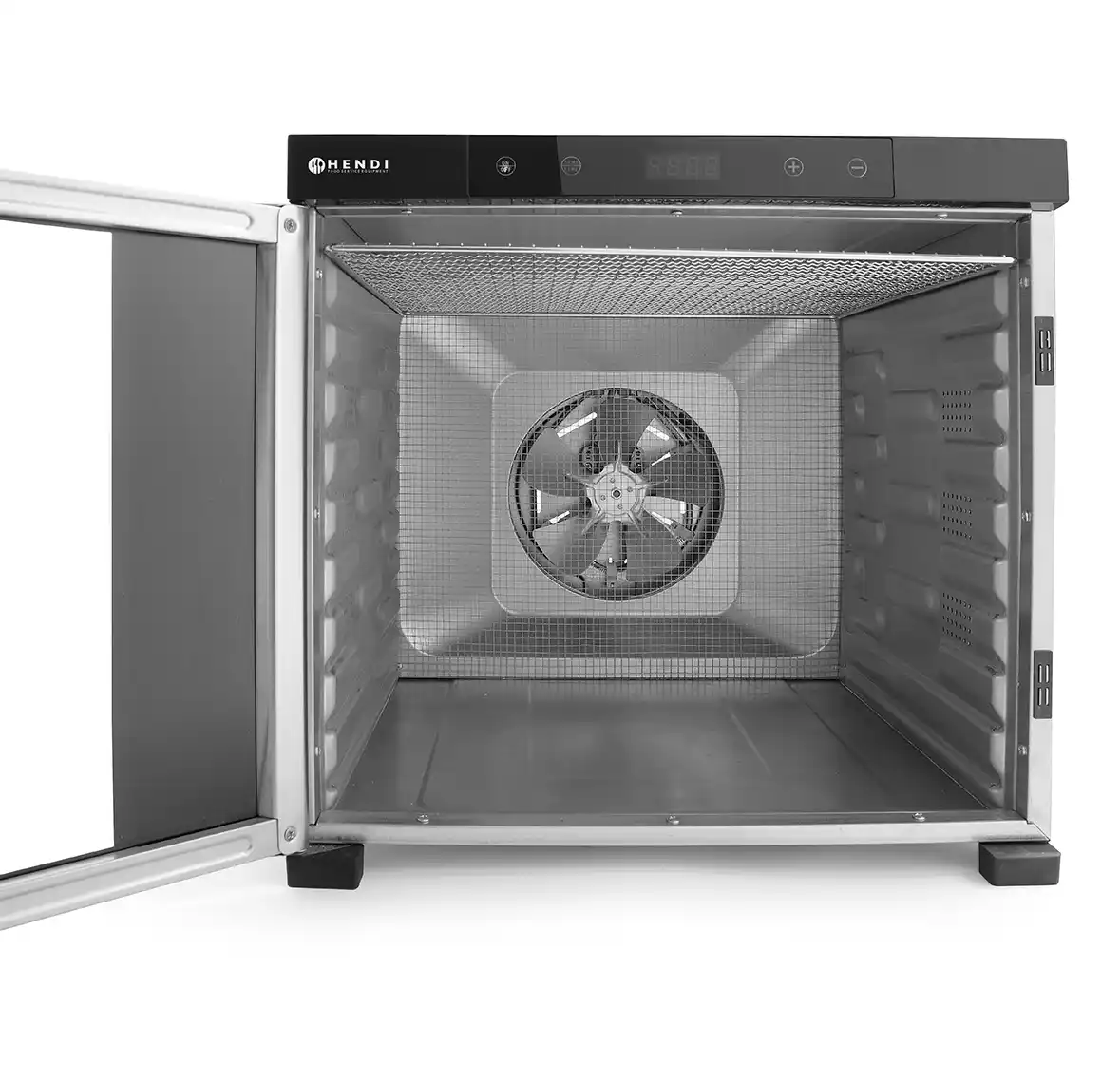 Déshydrateur alimentaire ouvert avec ventilateur intérieur. La porte est ouverte. Il a un dessus noir avec des commandes et un affichage numérique.
